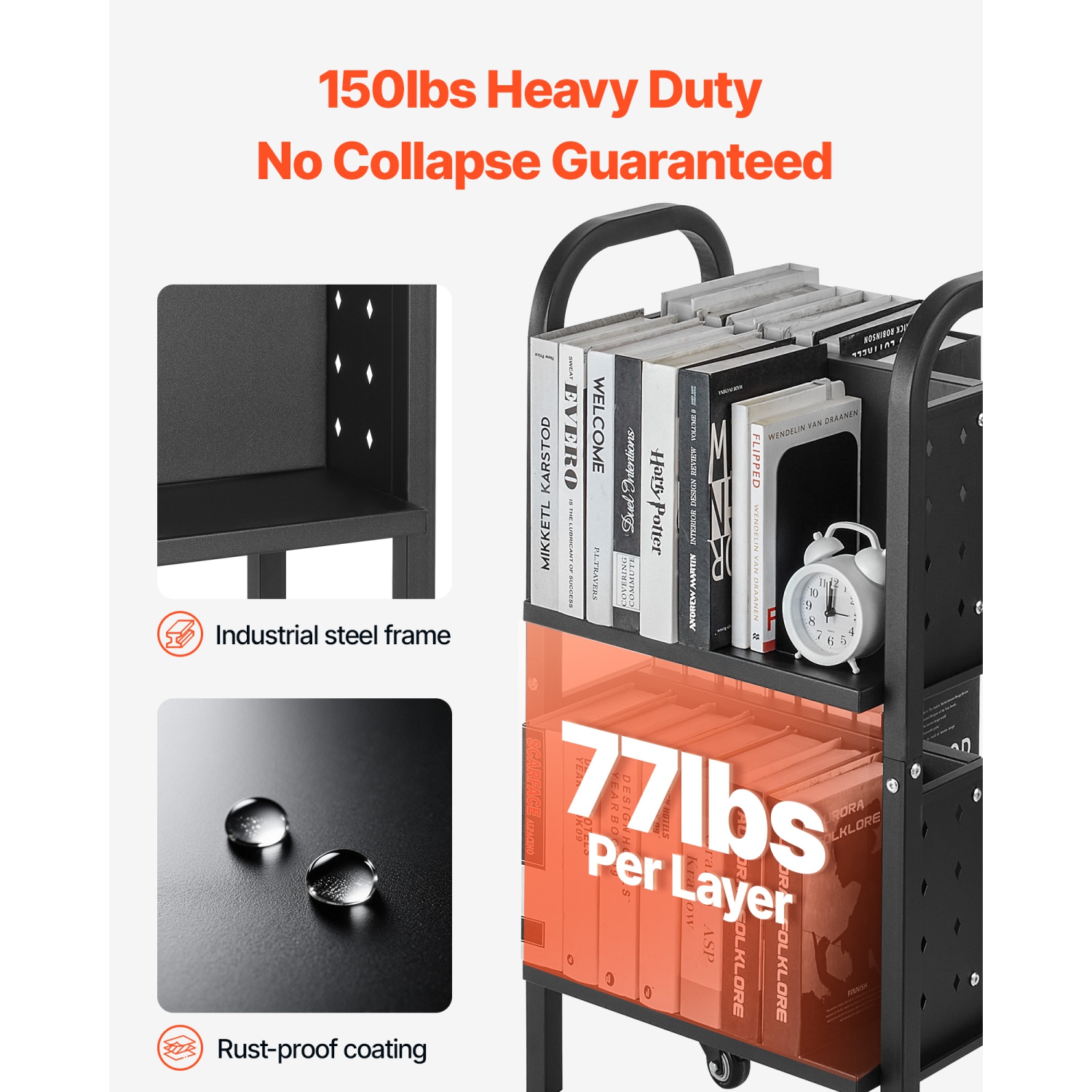 VEVOR 17.7 x 13.0 x 34.6-Inch Rolling Library Book Cart,150 lbs Capacity, Library Cart, Double Sided L-Shaped Shelves with 2-Inch Lockable Wheels,