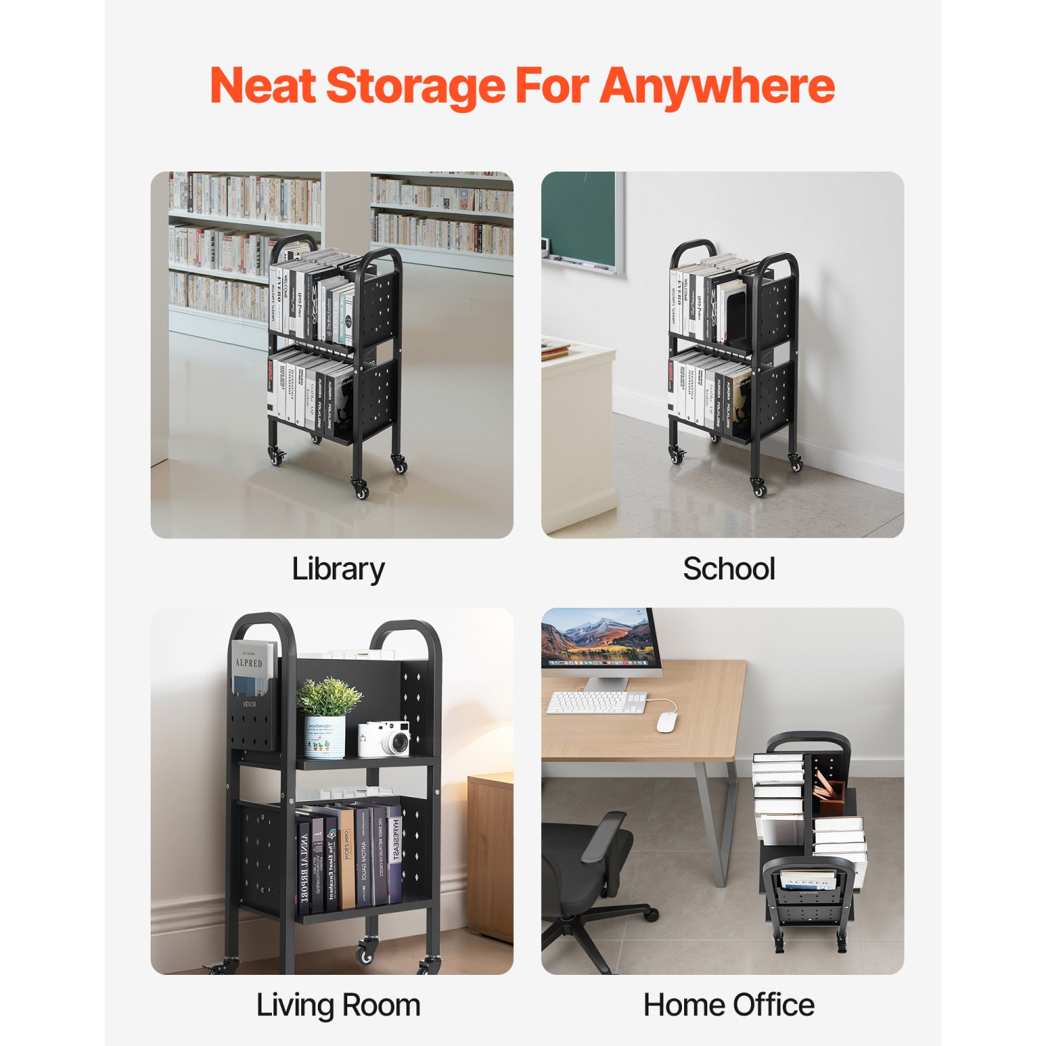 VEVOR 17.7 x 13.0 x 34.6-Inch Rolling Library Book Cart,150 lbs Capacity, Library Cart, Double Sided L-Shaped Shelves with 2-Inch Lockable Wheels,