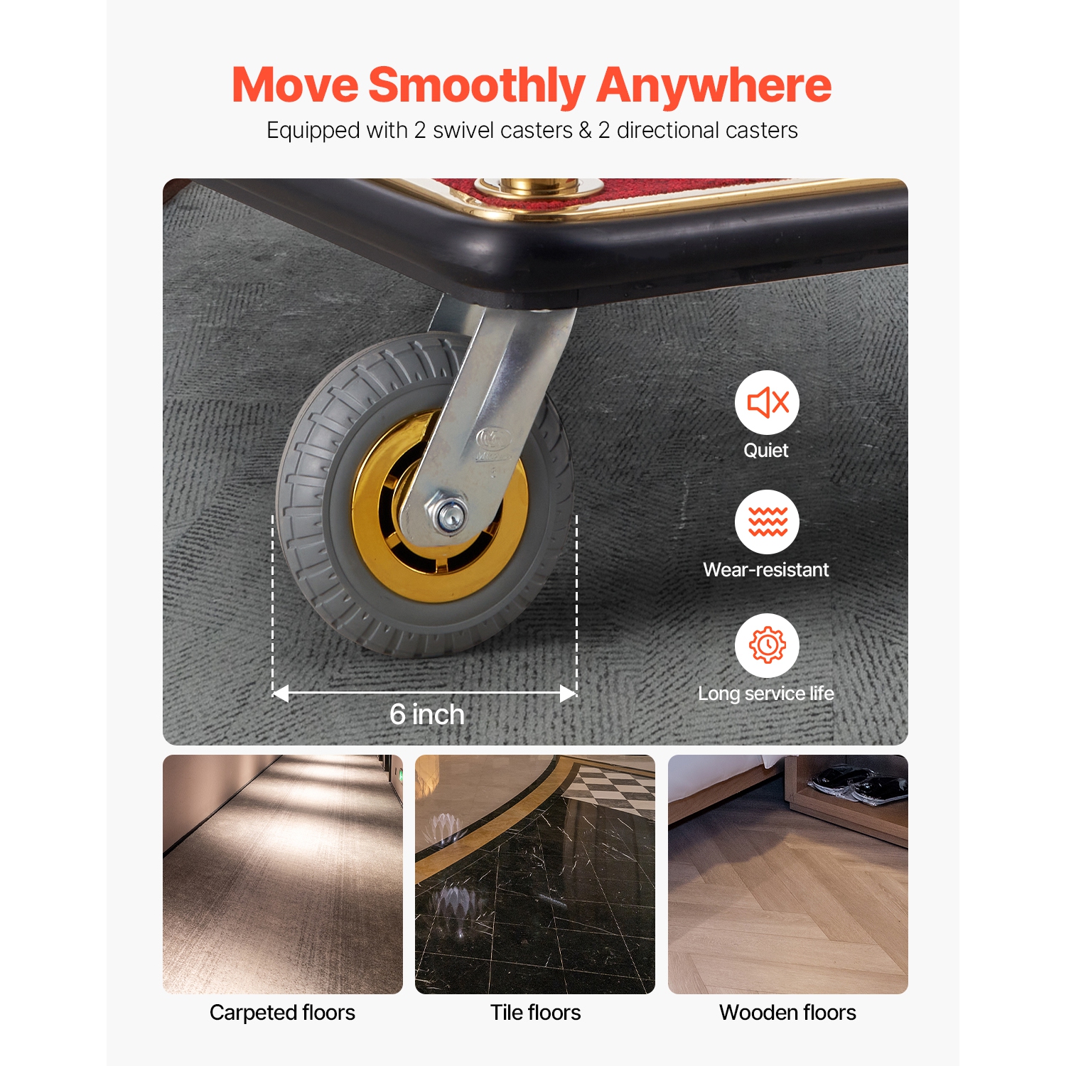 VEVOR 1100 LBS Load Capacity Hotel Luggage Cart, Brushed Stainless Steel Bellman's Cart Curved Uprights, Valet Cart with Red Carpeted Deck and 6-inch