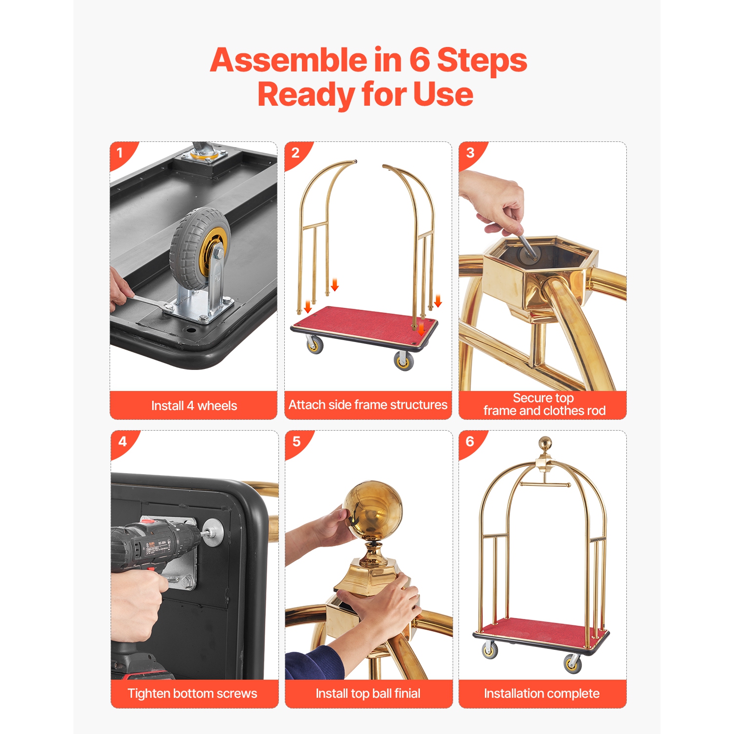 VEVOR 1100 LBS Load Capacity Hotel Luggage Cart, Brushed Stainless Steel Bellman's Cart Curved Uprights, Valet Cart with Red Carpeted Deck and 6-inch