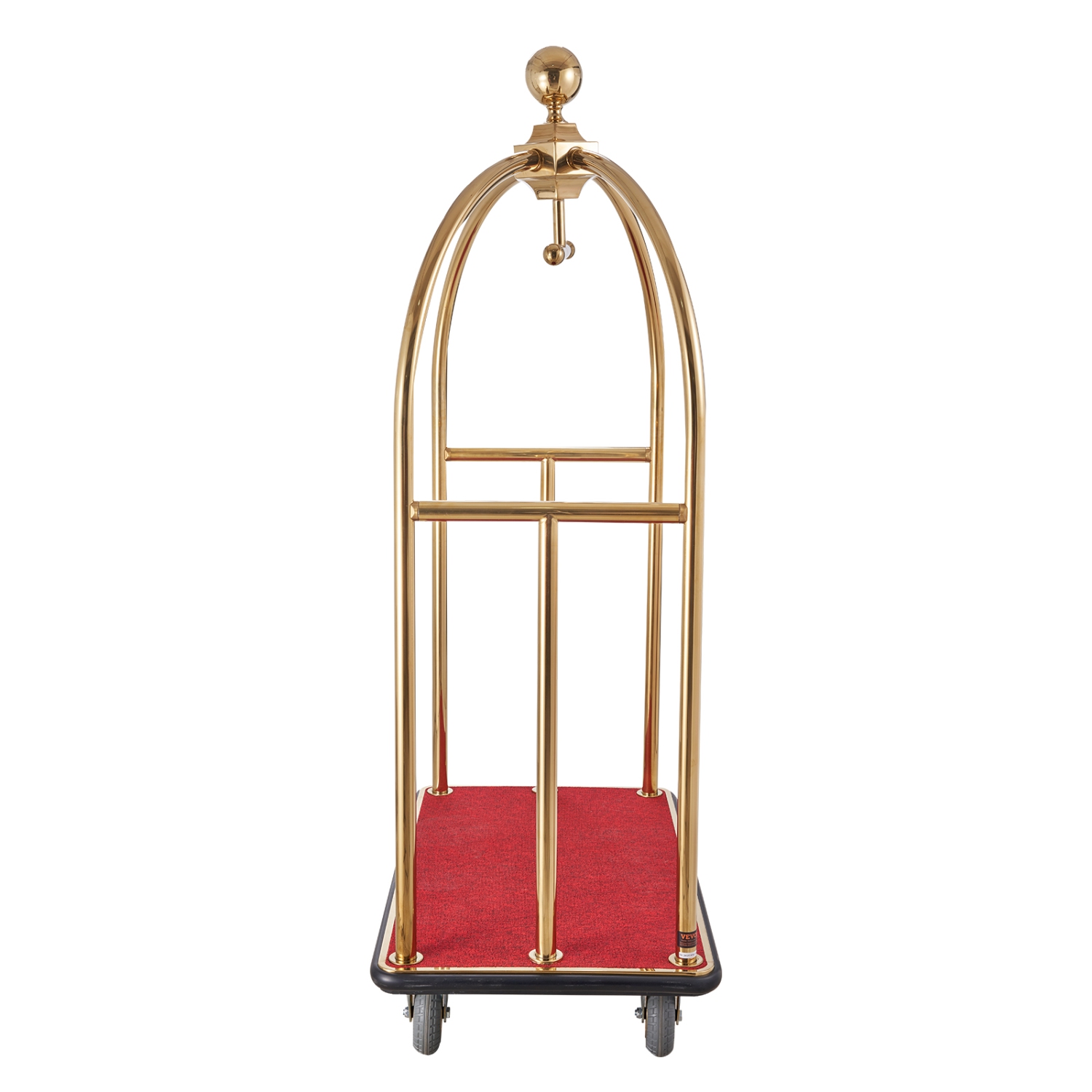 VEVOR 1100 LBS Load Capacity Hotel Luggage Cart, Brushed Stainless Steel Bellman's Cart Curved Uprights, Valet Cart with Red Carpeted Deck and 6-inch