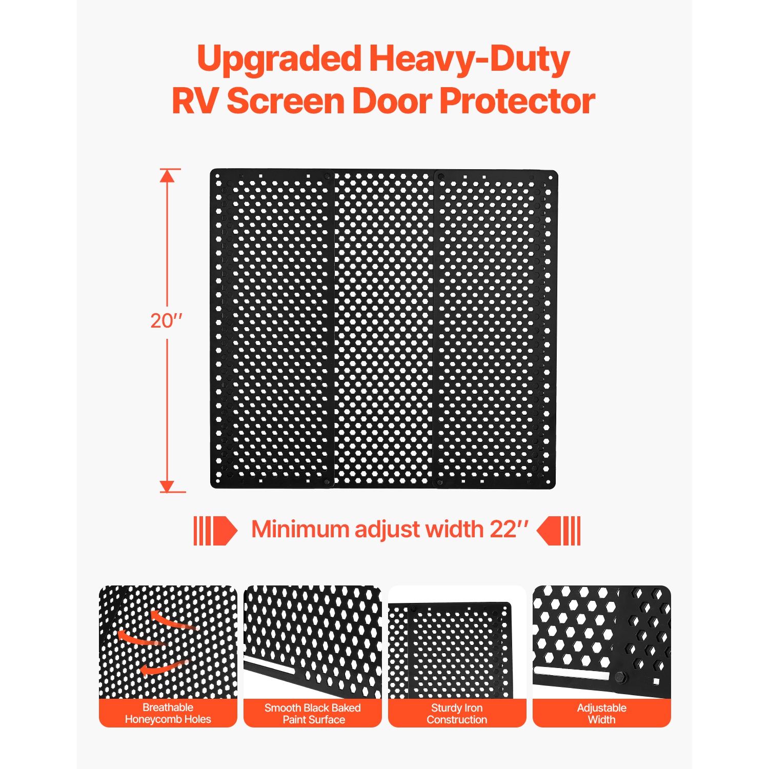 VEVOR 22 to 31.5inch RV Screen Door Protector,Adjustable Door Grille,Easy to Install, Reinforced Breathable Honeycomb Holes,Iron Camper RV Entry