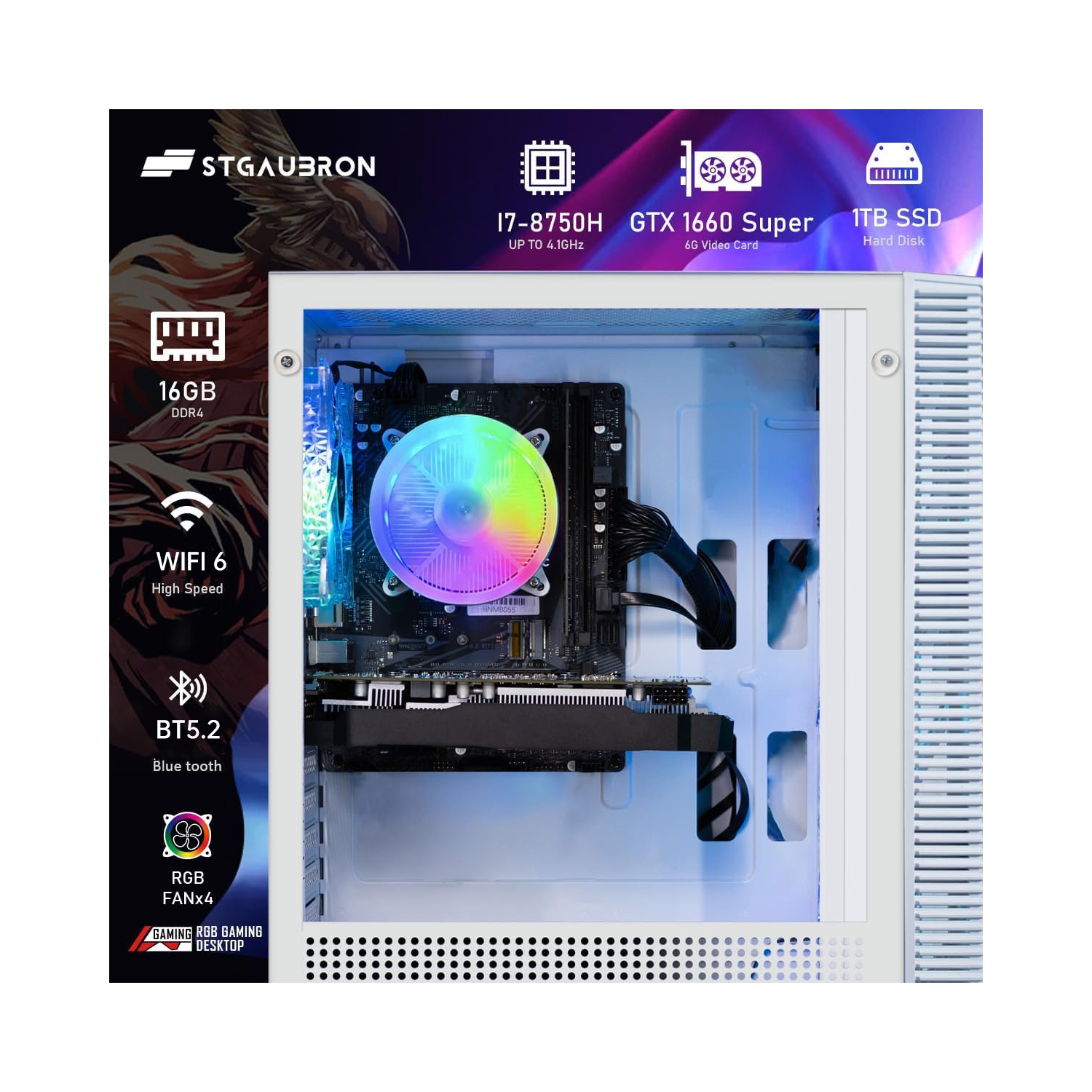 STGAubron Gaming Desktop PC, Intel Core i7 8th Gen up to 4.1GHz, GeForce GTX 1660 Super 6G, 16G DDR4 RAM, 1T SSD, WIN11H