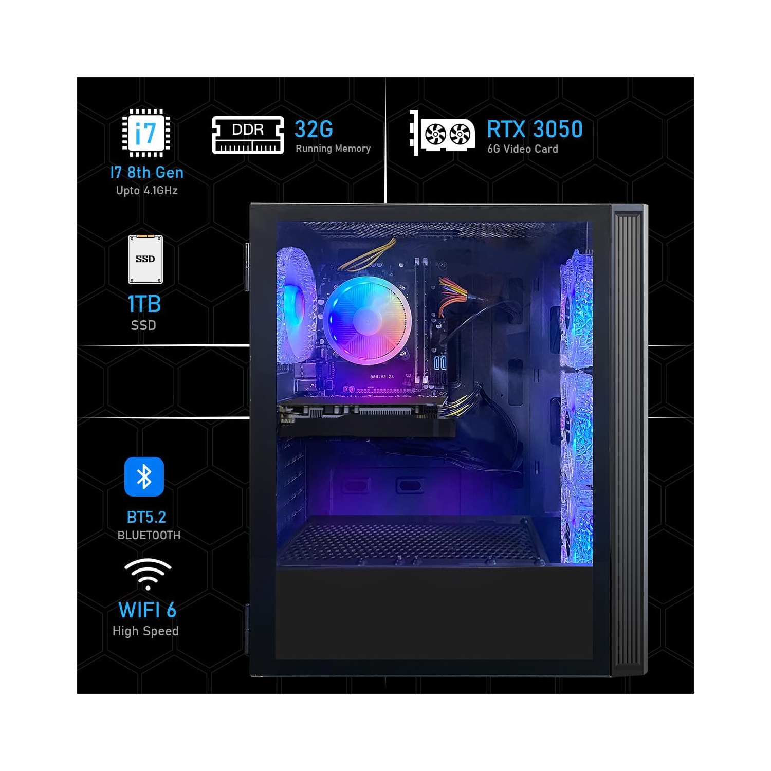 STGAubron Gaming PC Computer Desktop, Intel Core i7 8th Gen up to 4.1GHz, GeForce RTX 3050 6G, 32G DDR4, 1T SSD, WIN11H