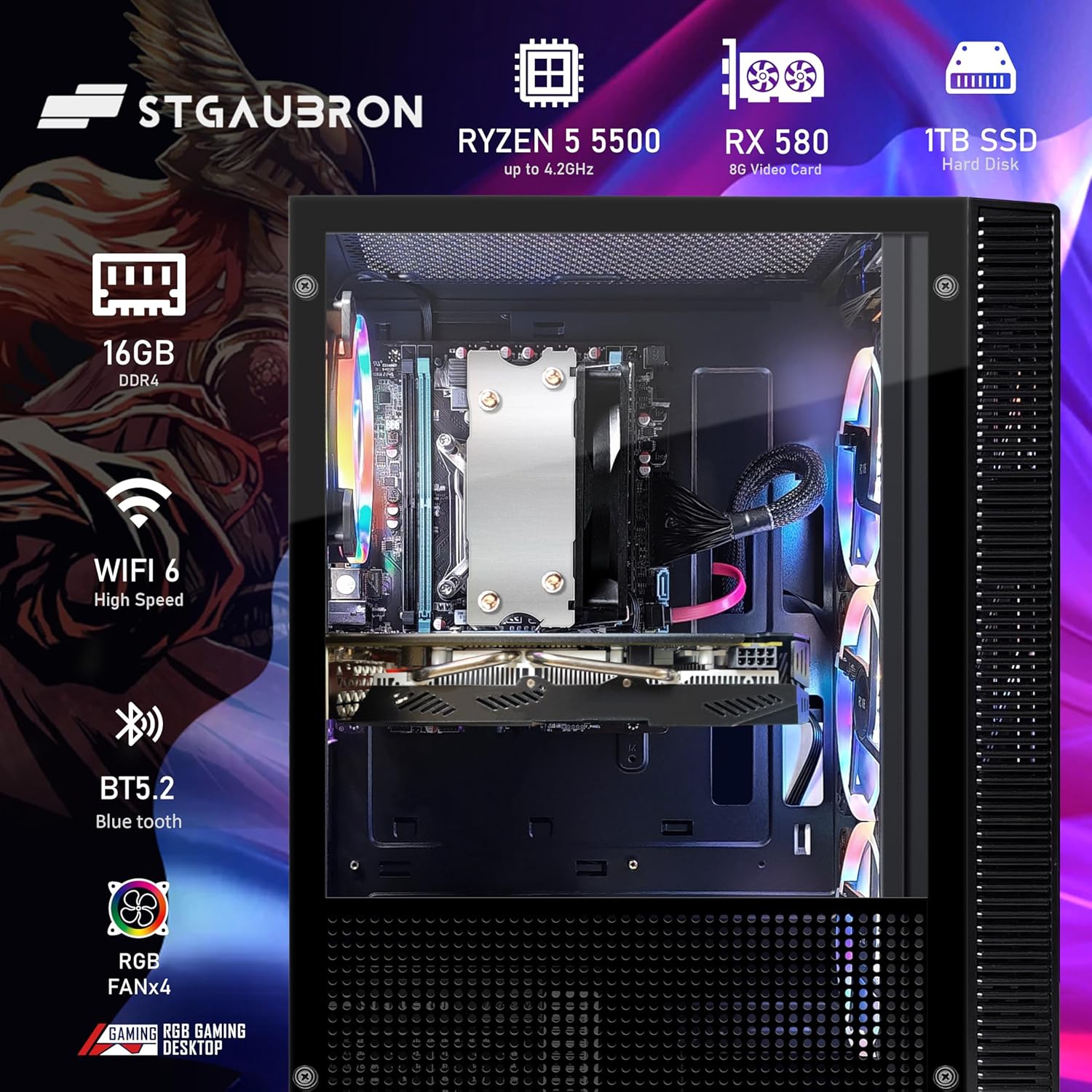 STGAubron Gaming PC Computer Desktop, AMD Ryzen 5 5500G up to 4.2G, Radeon RX 580 8G Graphics, 16G DDR4, 1TB SSD, WIN11H