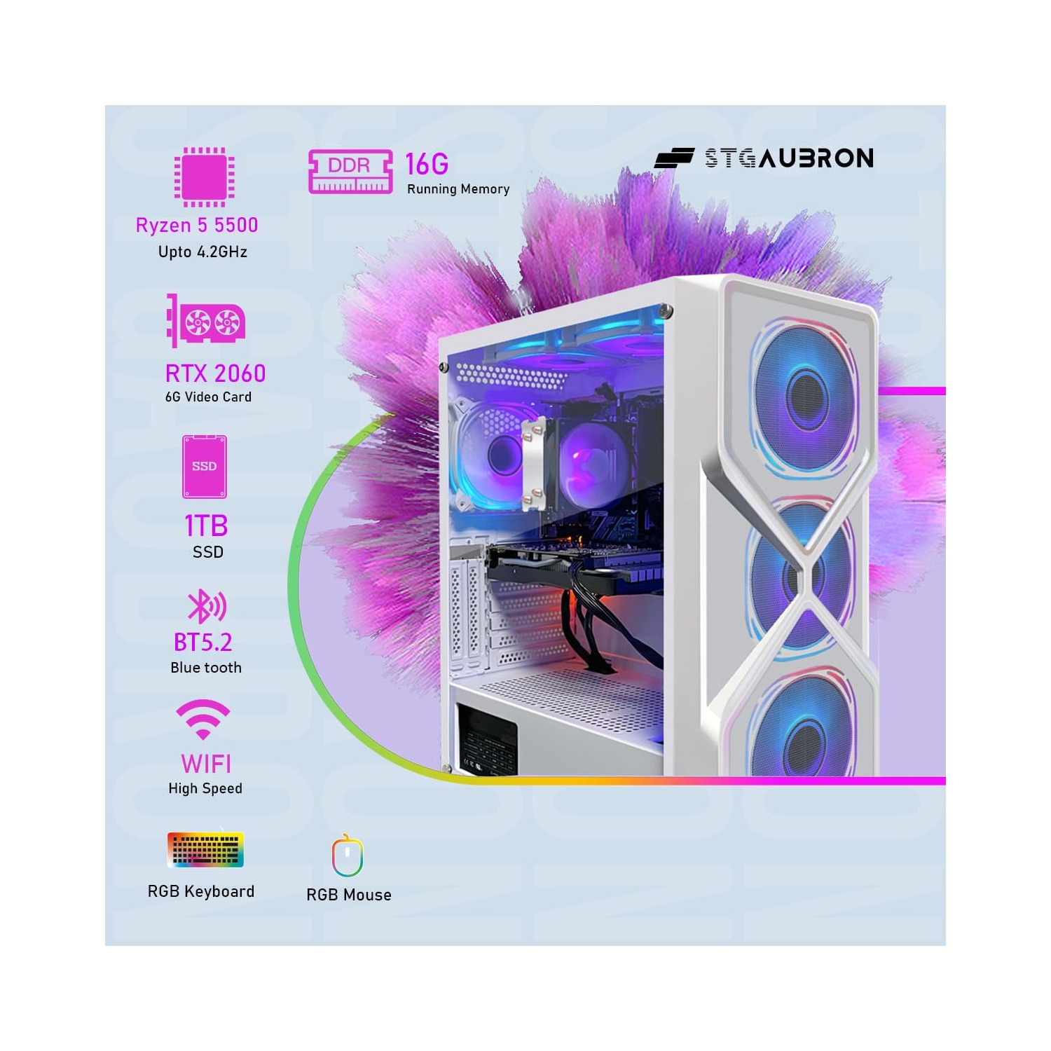 STGAubron Gaming PC Computer Desktop, AMD Ryzen 5 5500G up to 4.2G, GeForce RTX 2060 6G, 16G DDR4 RAM, 1TB SSD, WIN11H