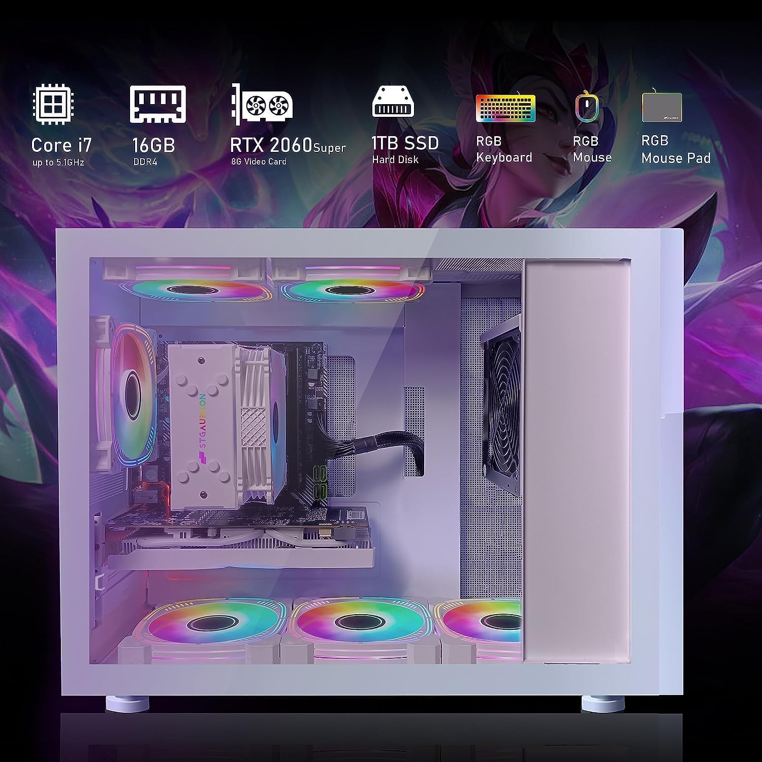 STGAubron Gaming Desktop PC, Intel Core i7-10700KF up to 5.1Ghz, GeForce RTX 2060 Super 8G, 16G DDR4 RAM, 1T SSD, W11H64