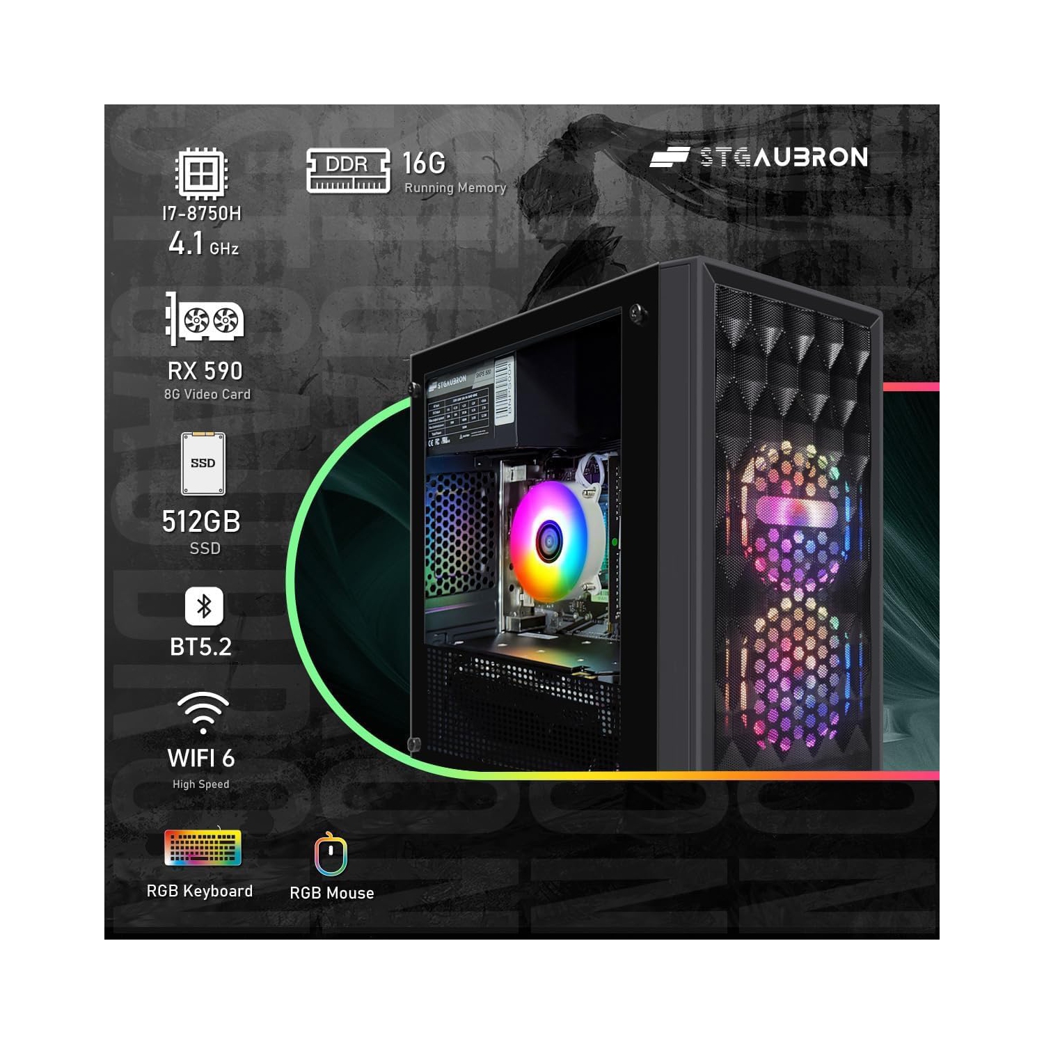 STGAubron Gaming Desktop PC, Intel Core i7 8th Gen up to 4.1Ghz, Radeon RX 590 8G Graphics, 16G DDR4, 512G SSD, WIN11H