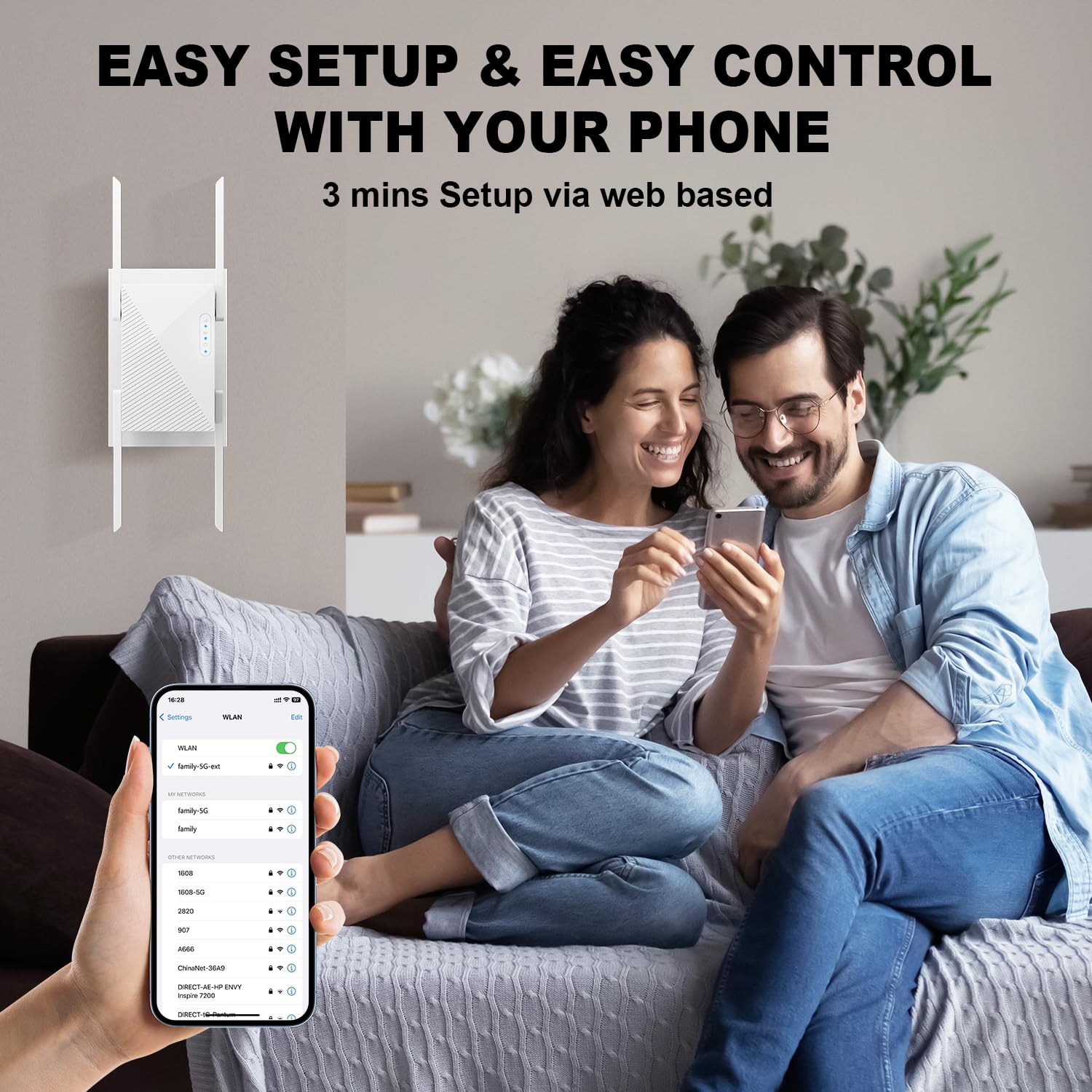 WiFi Extender Signal Booster Coverage, Dual Band 2.4GHz & 5GHz Internet Boosters, Easy Setup, Eliminate Dead Zones for Home, Office, Multi-Story