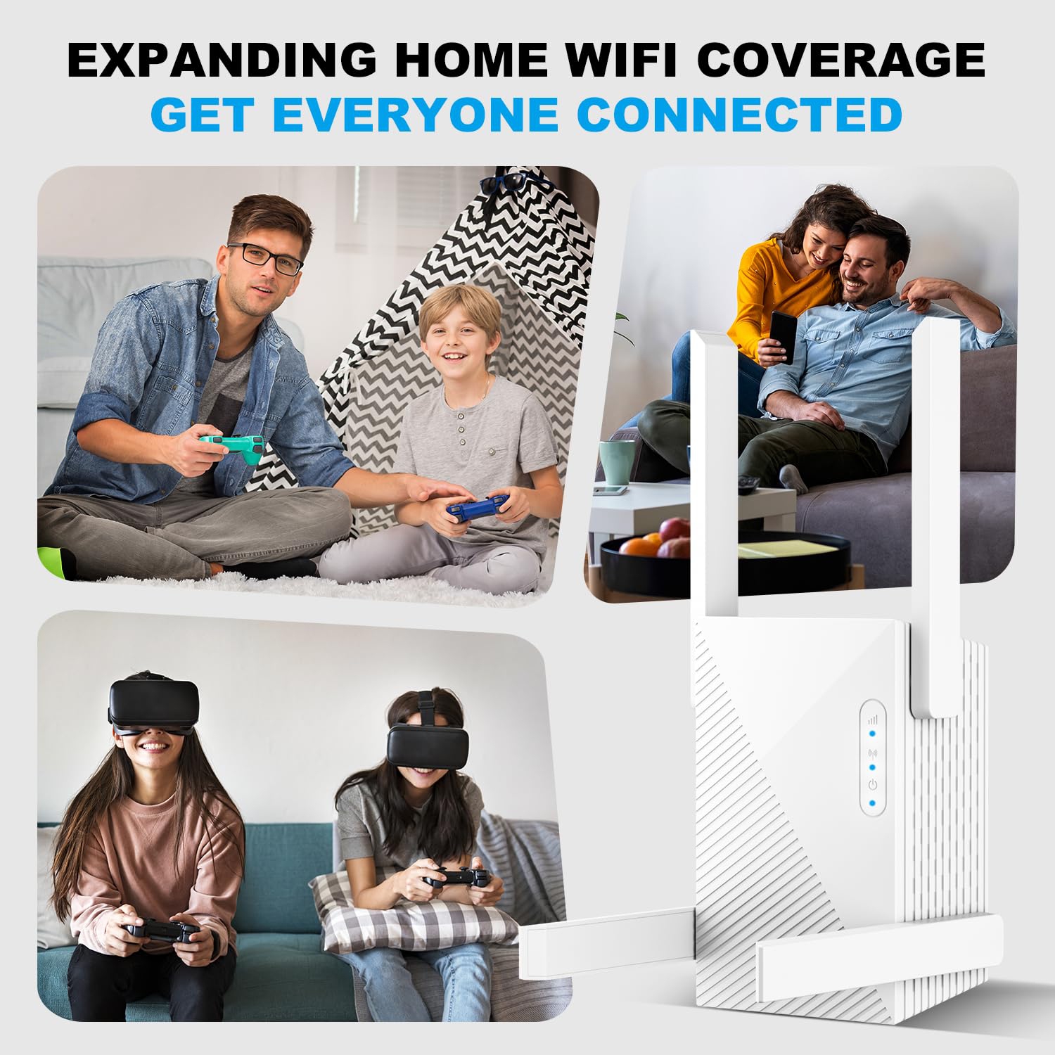 WiFi Extender Signal Booster Coverage, Dual Band 2.4GHz & 5GHz Internet Boosters, Easy Setup, Eliminate Dead Zones for Home, Office, Multi-Story