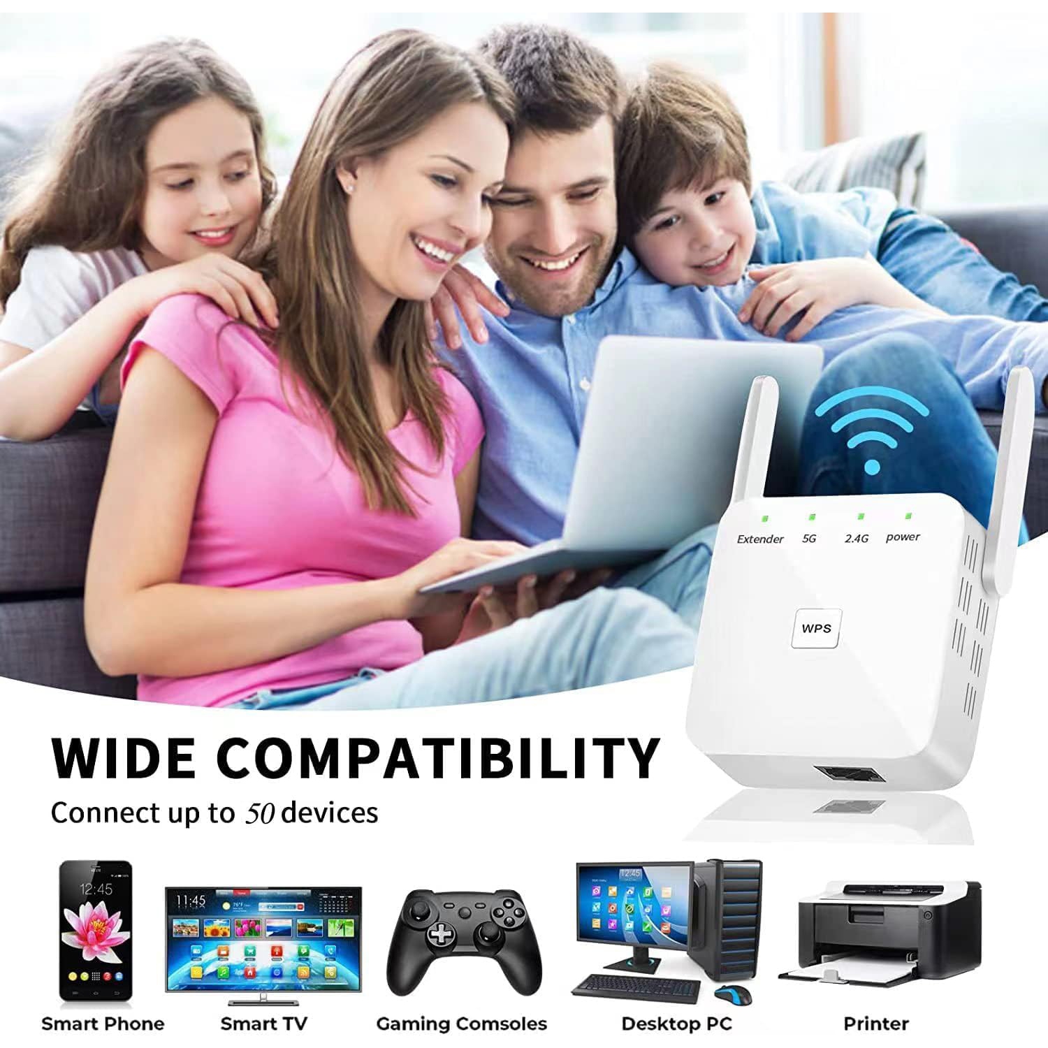Faster WiFi Extender, WiFi Repeater, Covers Up to 10000 Sq.ft and 80 Devices, Internet Booster - with Ethernet Port, Quick Setup, Home Wireless