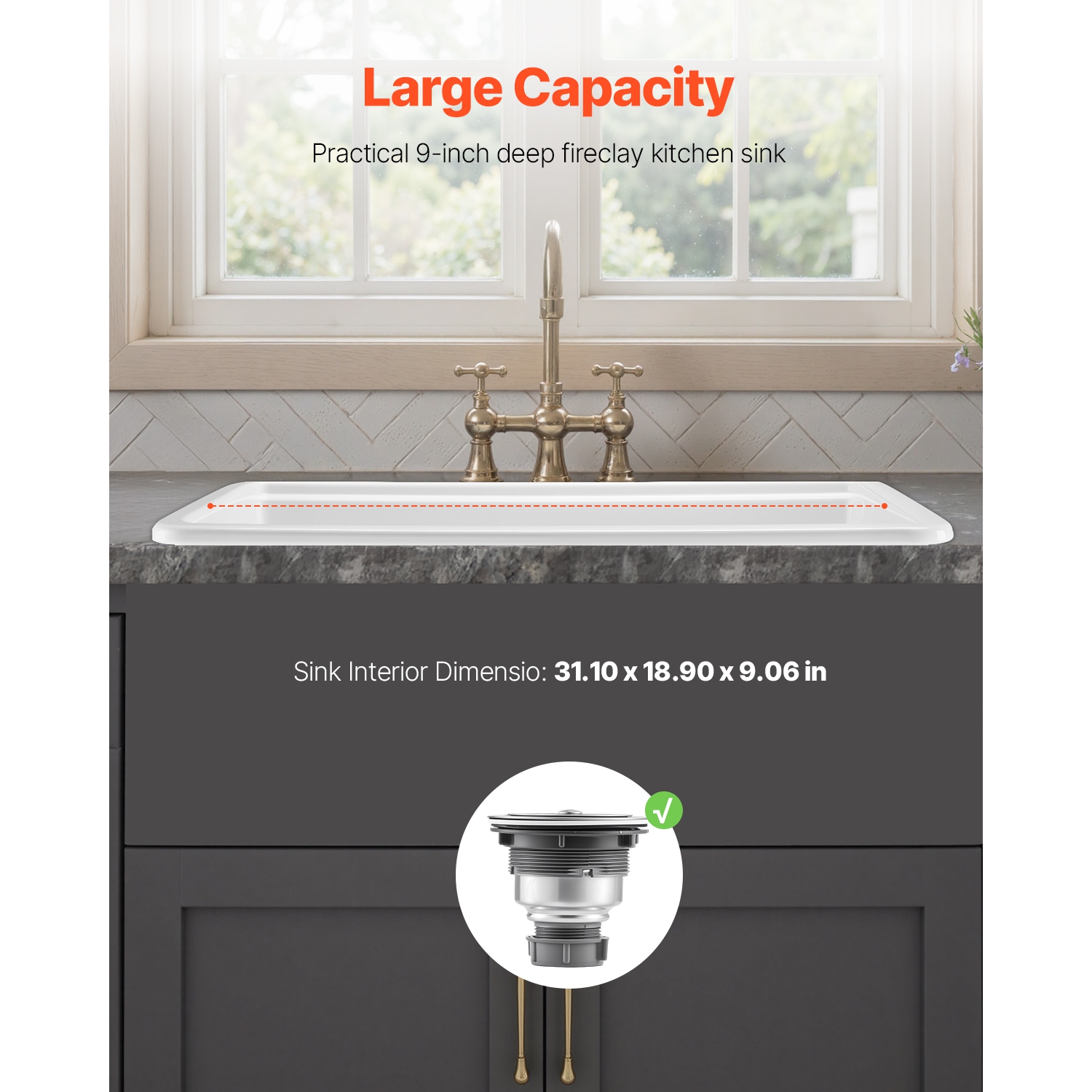 VEVOR 33x19 inch Farmhouse Sink, White Sink Workstation, Fireclay Topmount Undermount Basin, Drop-In Single Bowl Basin with Multiple Accessories,