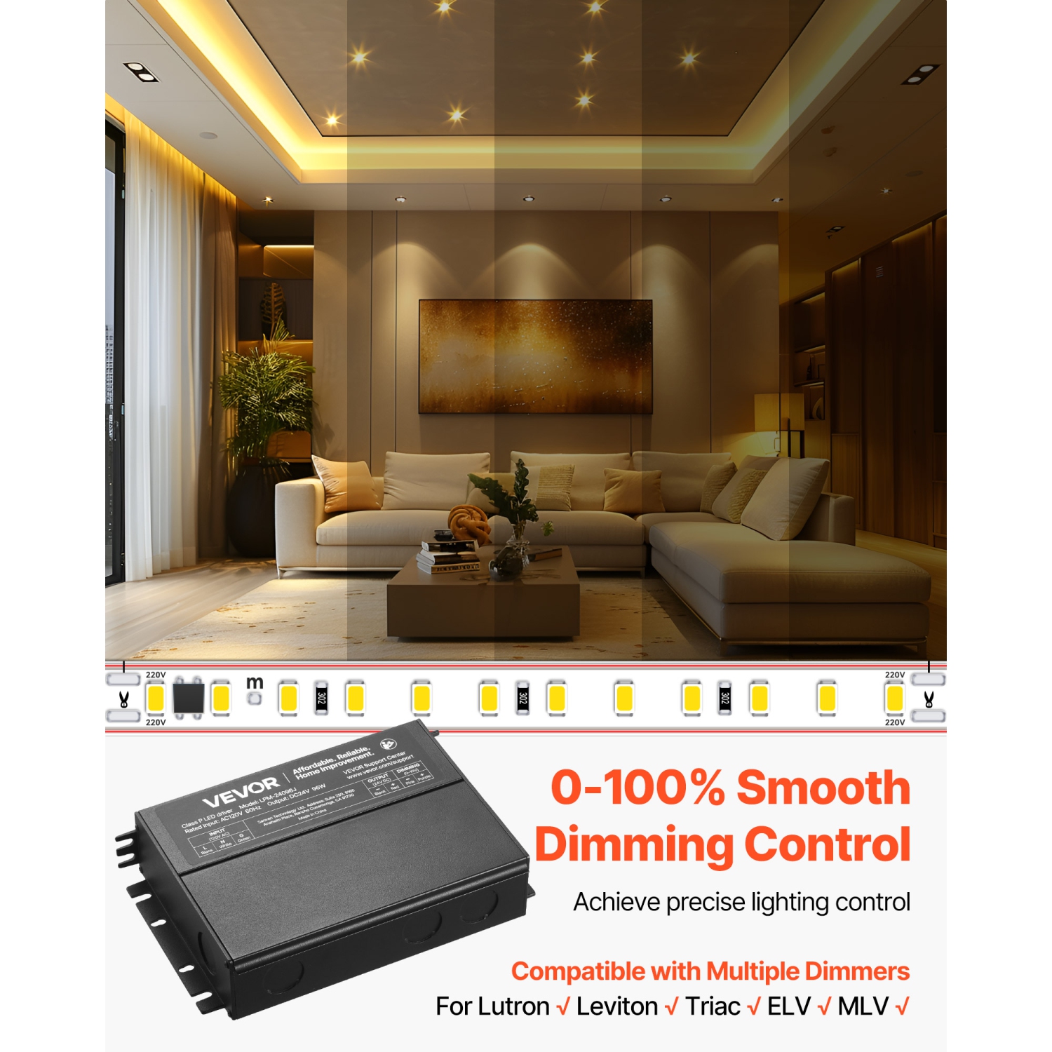 VEVOR 96W 24V Dimmable LED Driver,Triac/ELV/MLV AC to DC Power Supply Transformer for LED Strip Light, Smooth Flicker-Free Dimming,Compatible with