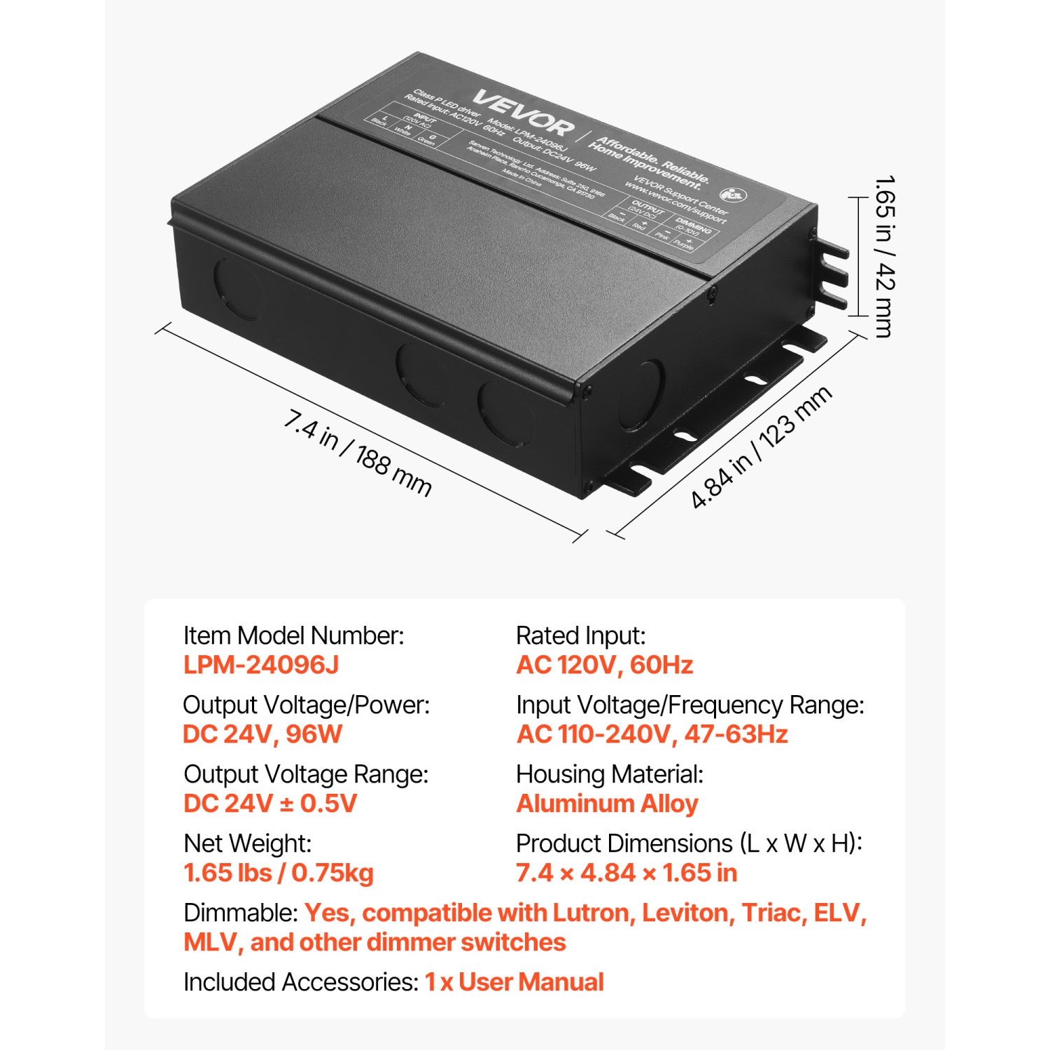 VEVOR 96W 24V Dimmable LED Driver,Triac/ELV/MLV AC to DC Power Supply Transformer for LED Strip Light, Smooth Flicker-Free Dimming,Compatible with