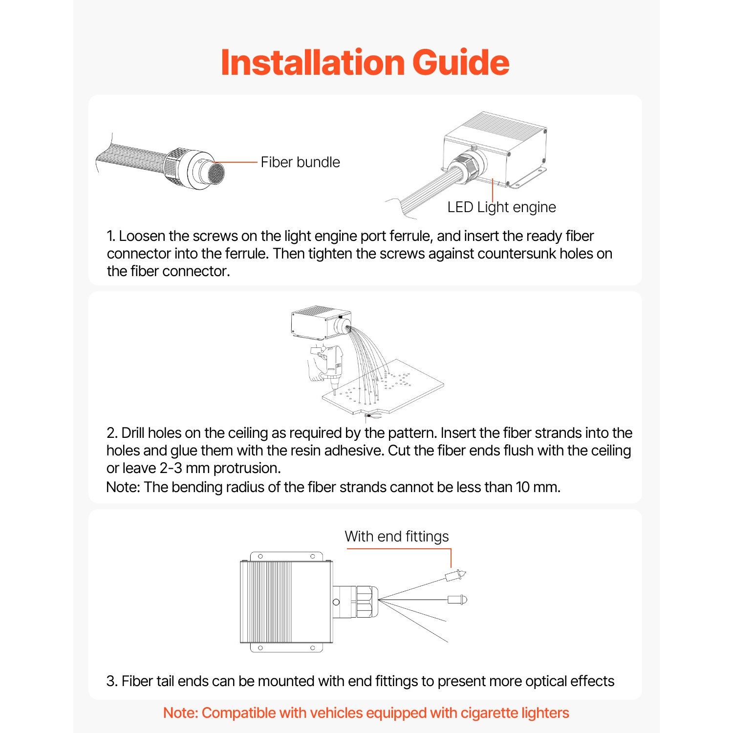 VEVOR 900 pcs 0.03 in 9.8 ft Starlight Headliner Kit,20W Twinkle Fiber Optic Star Ceiling Lights for Car, Bluetooth APP, Remote Control,RGBW Light