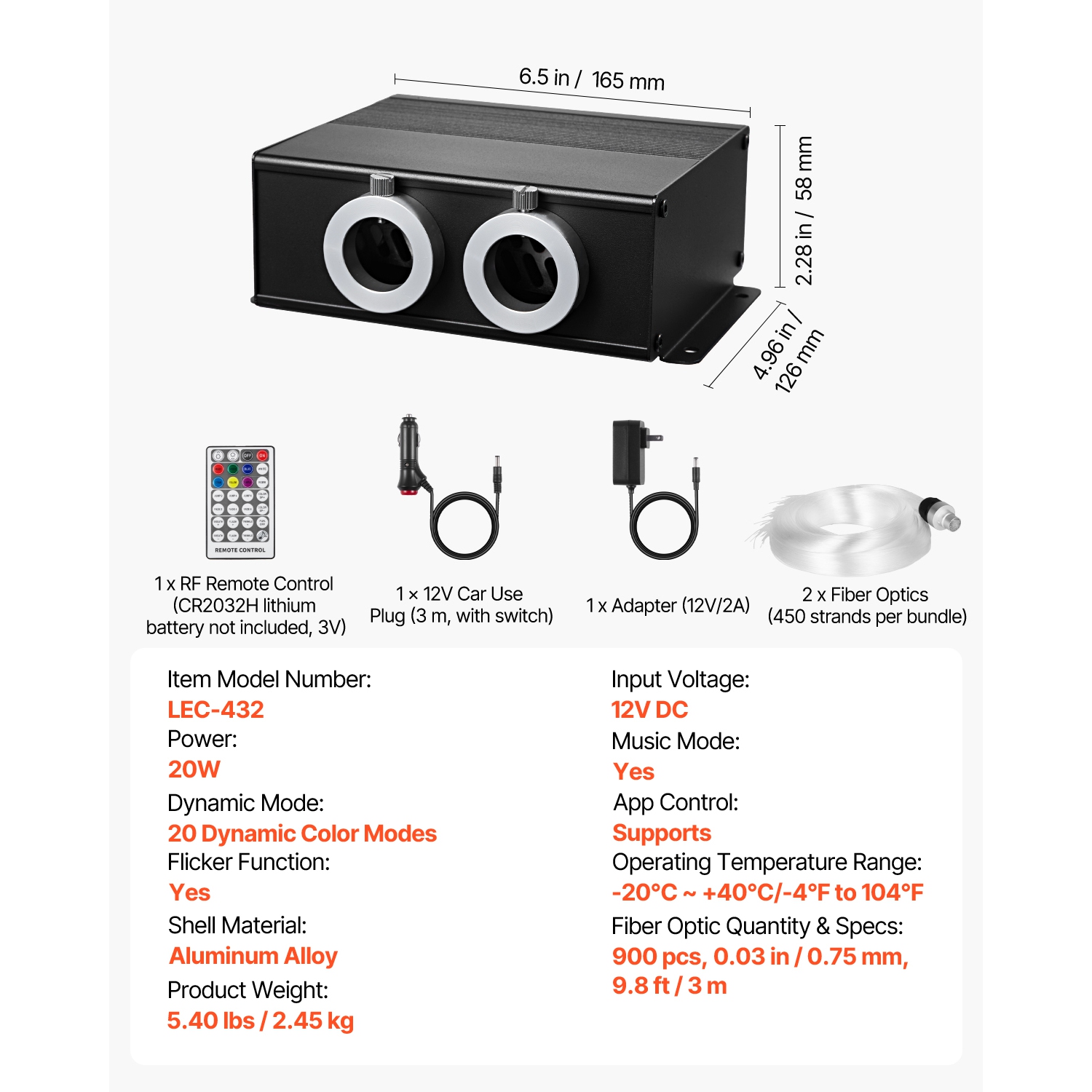 VEVOR 900 pcs 0.03 in 9.8 ft Starlight Headliner Kit,20W Twinkle Fiber Optic Star Ceiling Lights for Car, Bluetooth APP, Remote Control,RGBW Light