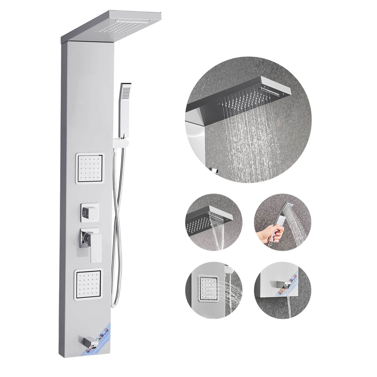 VEVOR Shower Panel Tower System with Rainfall Waterfall Shower Head, 53 in Brushed Stainless Steel Shower Column, 5-Function Faucet, Wall-Mount Rain