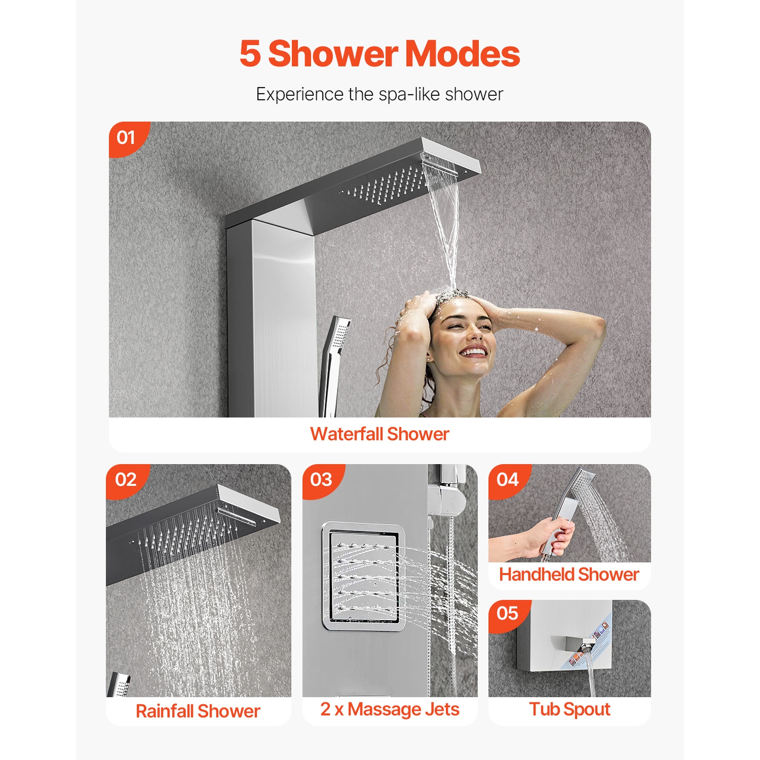 VEVOR Shower Panel Tower System with Rainfall Waterfall Shower Head, 53 in Brushed Stainless Steel Shower Column, 5-Function Faucet, Wall-Mount Rain