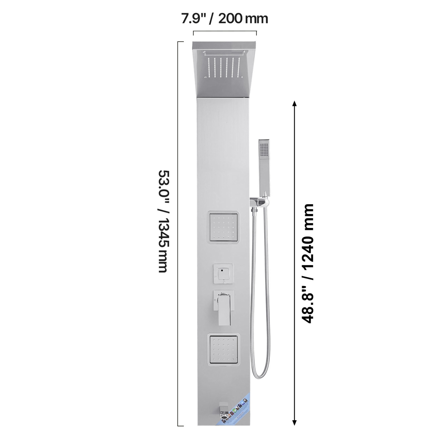 VEVOR Shower Panel Tower System with Rainfall Waterfall Shower Head, 53 in Brushed Stainless Steel Shower Column, 5-Function Faucet, Wall-Mount Rain