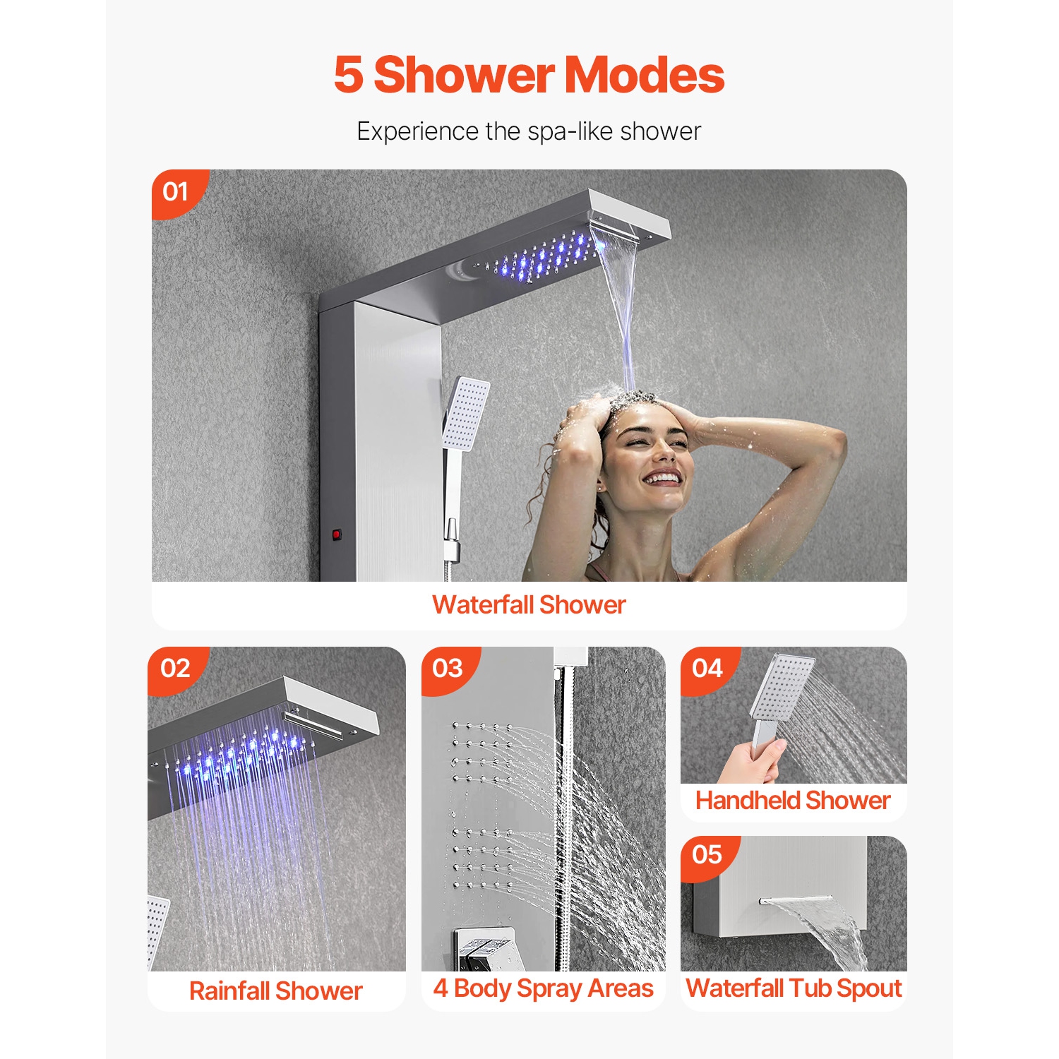 VEVOR Shower Panel Tower System with Rainfall Waterfall Shower Head, LED,53 in Brushed Stainless Steel Shower Column,5-Function Faucet, Wall-Mount