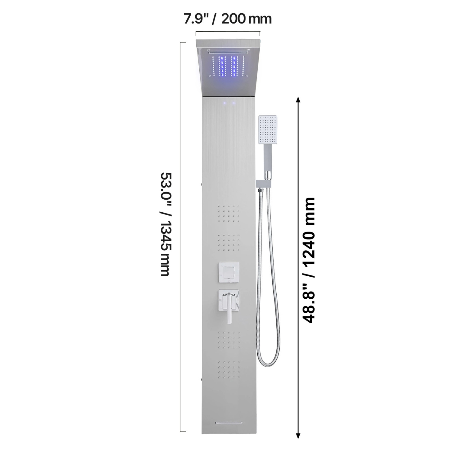 VEVOR Shower Panel Tower System with Rainfall Waterfall Shower Head, LED,53 in Brushed Stainless Steel Shower Column,5-Function Faucet, Wall-Mount
