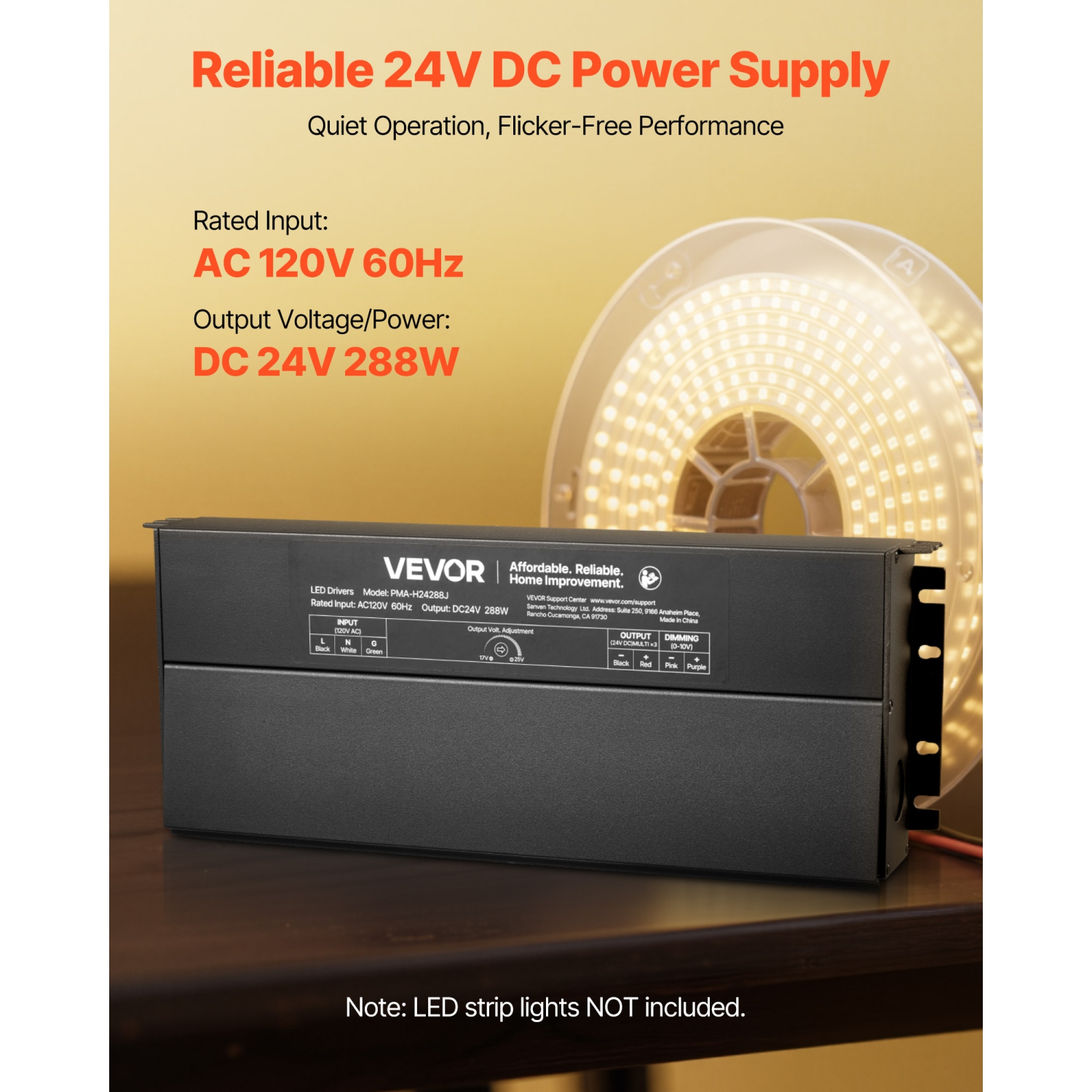 VEVOR 24V 288W Dimmable LED Driver,Triac/ELV/MLV AC to DC Power Supply Transformer for LED Strip Light, Smooth Flicker-Free Dimming,Compatible with