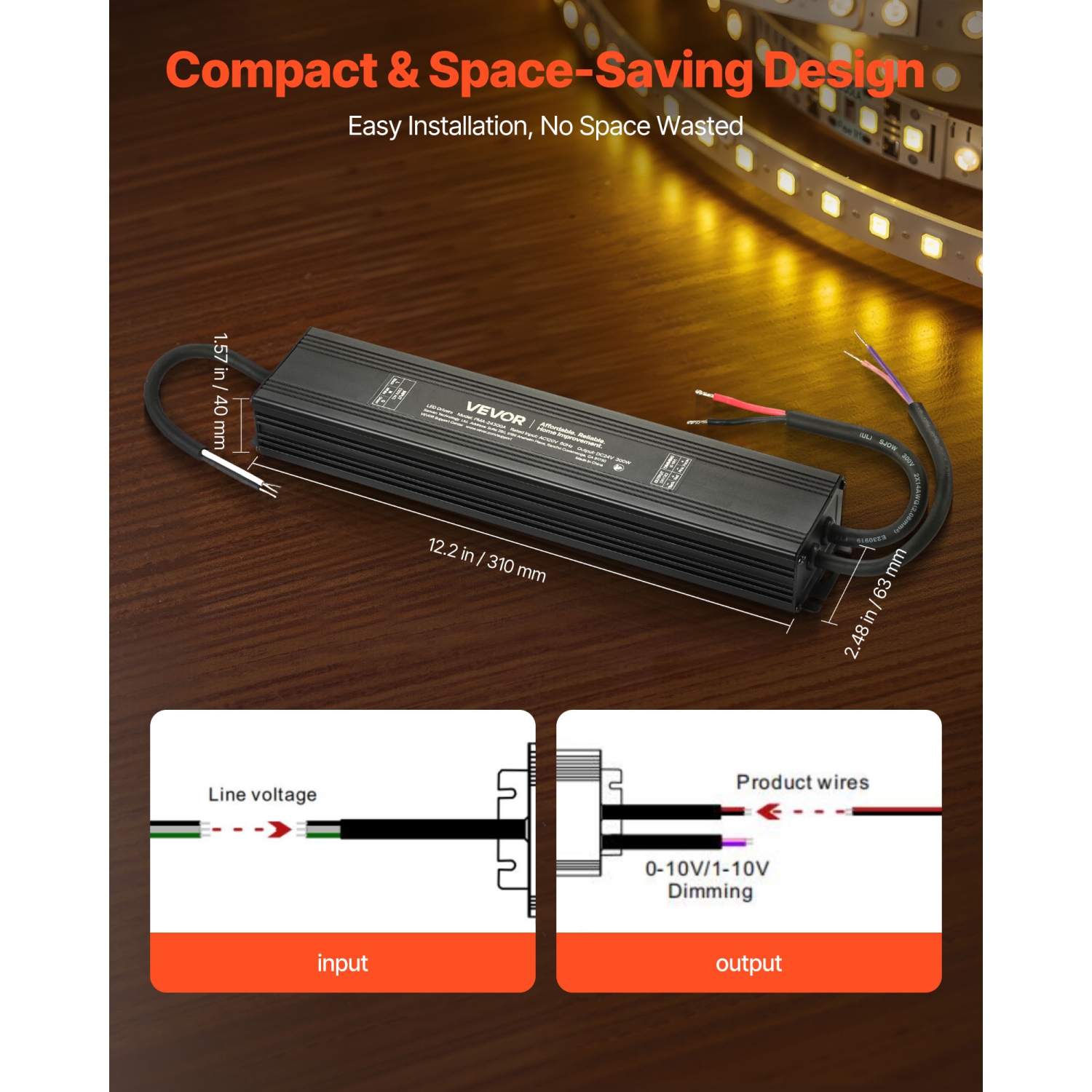VEVOR 300W Dimmable LED Driver, 24V, Triac/ELV/MLV AC to DC Power Supply Transformer for LED Strip Light, Smooth Flicker-Free Dimming,Compatible with