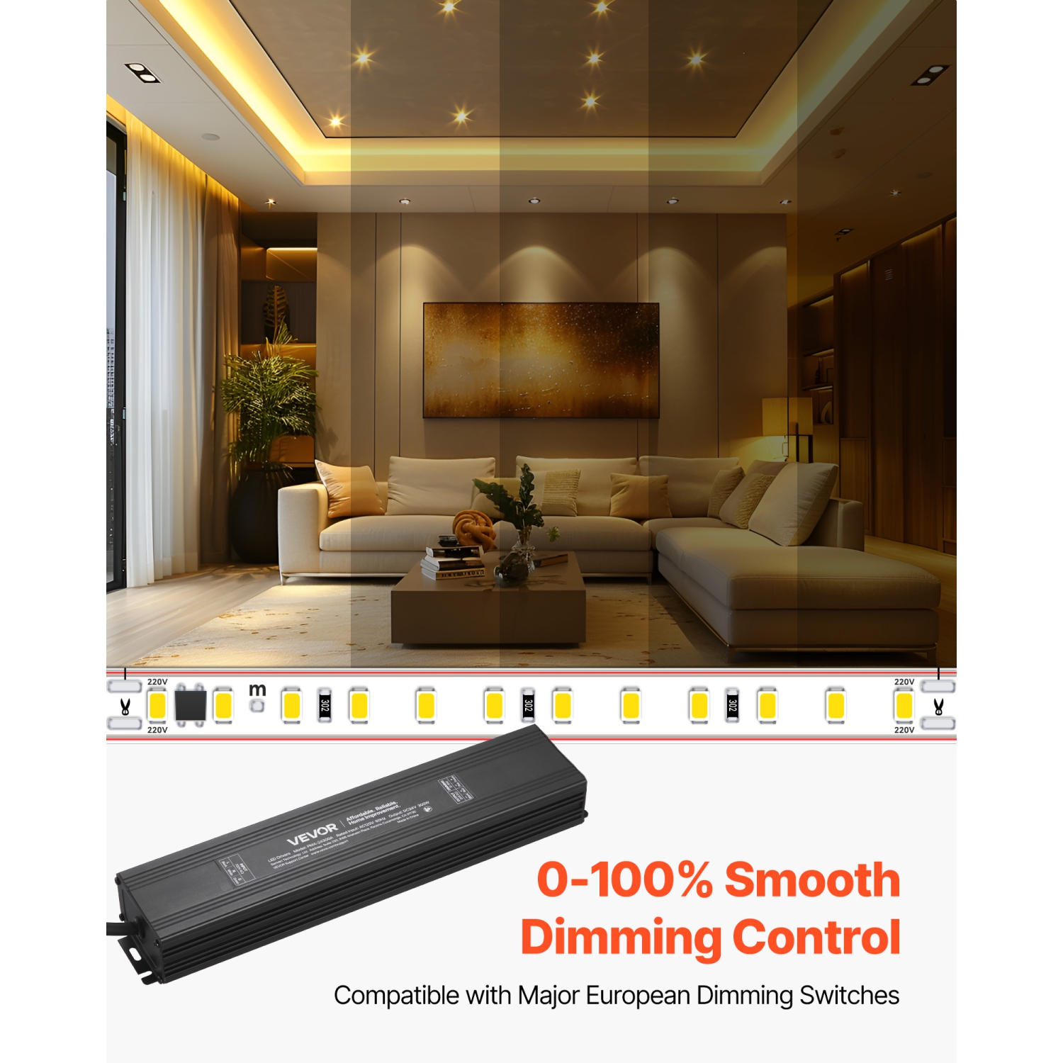 VEVOR 300W Dimmable LED Driver, 24V, Triac/ELV/MLV AC to DC Power Supply Transformer for LED Strip Light, Smooth Flicker-Free Dimming,Compatible with
