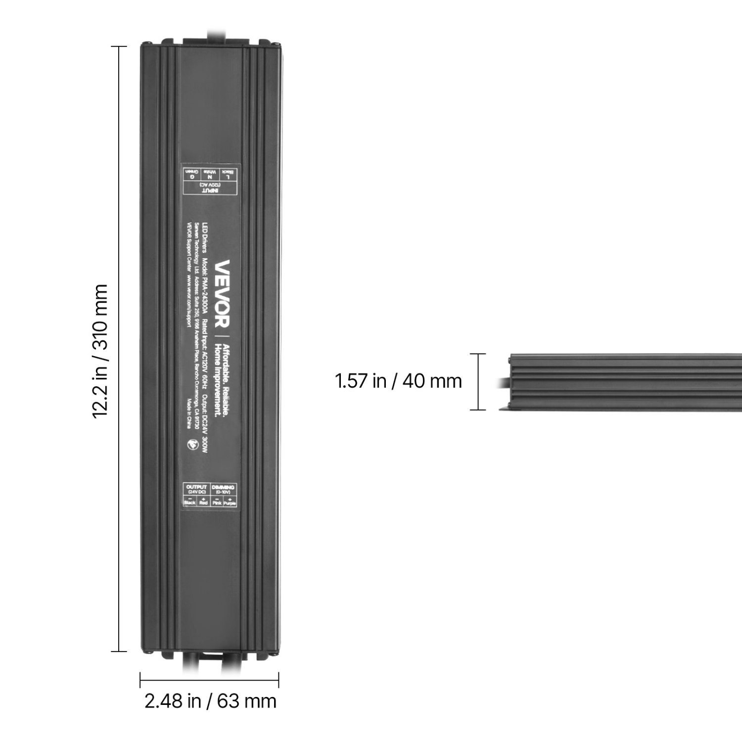 VEVOR 300W Dimmable LED Driver, 24V, Triac/ELV/MLV AC to DC Power Supply Transformer for LED Strip Light, Smooth Flicker-Free Dimming,Compatible with