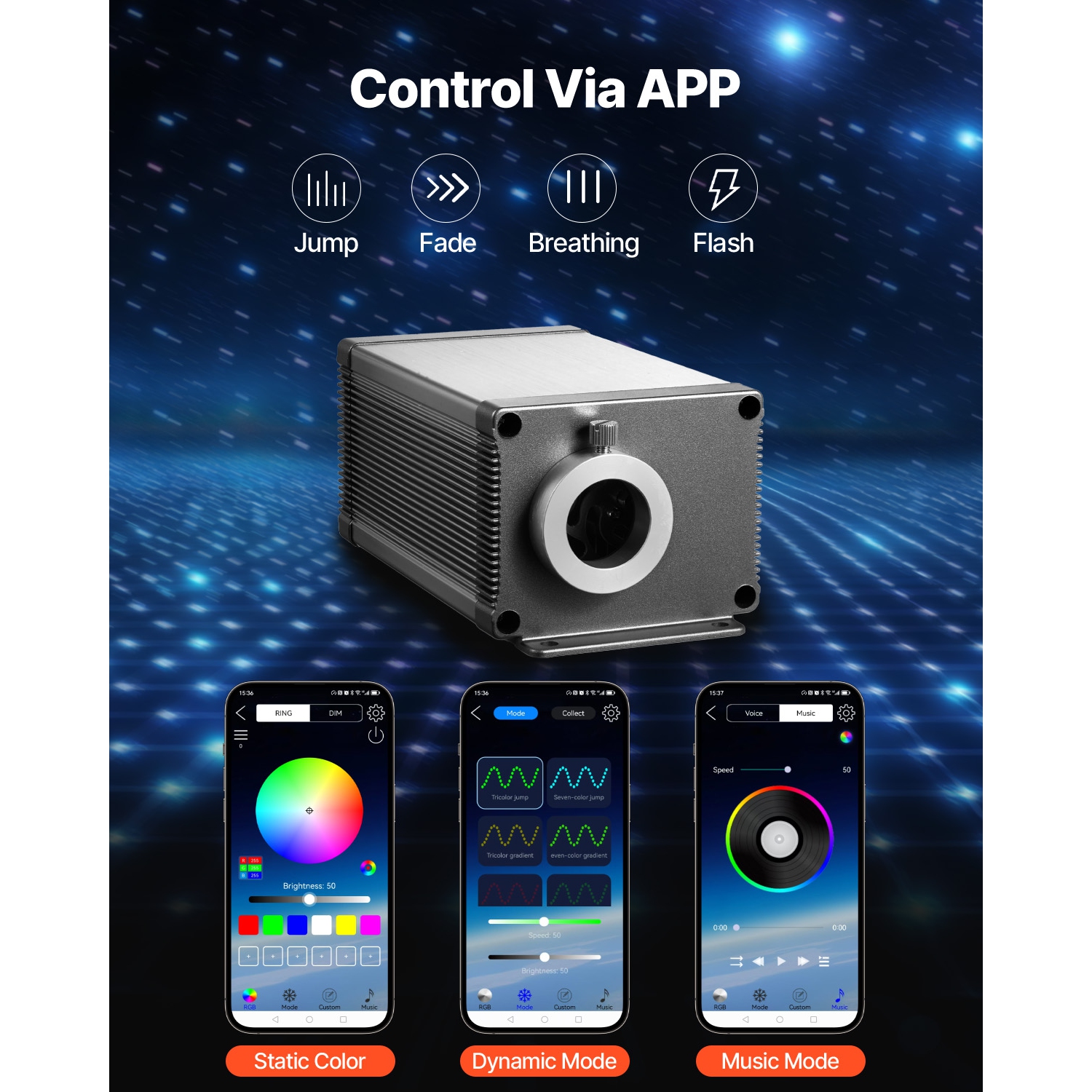 VEVOR 450 pcs 0.03 in 9.8 ft 16W Starlight Headliner Kit,Twinkle Fiber Optic Star Ceiling Lights for Car,Sound Activated, RGBW Light Engine, for Home