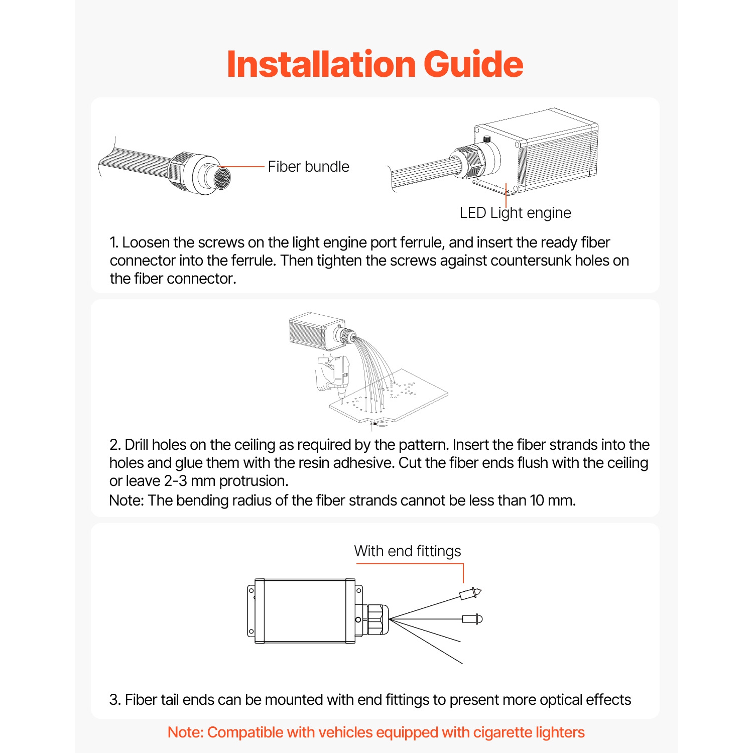 VEVOR 450 pcs 0.03 in 9.8 ft 16W Starlight Headliner Kit,Twinkle Fiber Optic Star Ceiling Lights for Car,Sound Activated, RGBW Light Engine, for Home