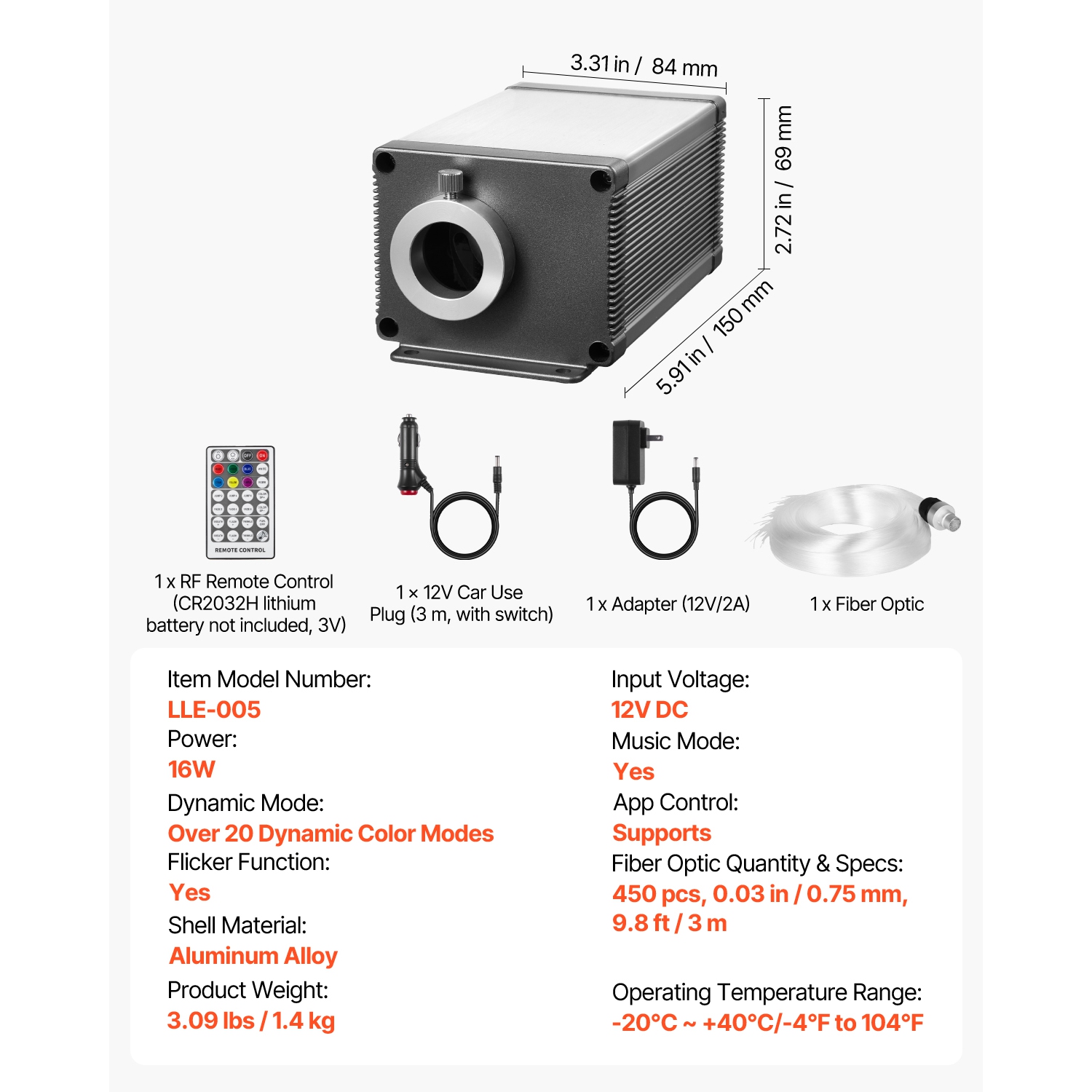 VEVOR 450 pcs 0.03 in 9.8 ft 16W Starlight Headliner Kit,Twinkle Fiber Optic Star Ceiling Lights for Car,Sound Activated, RGBW Light Engine, for Home