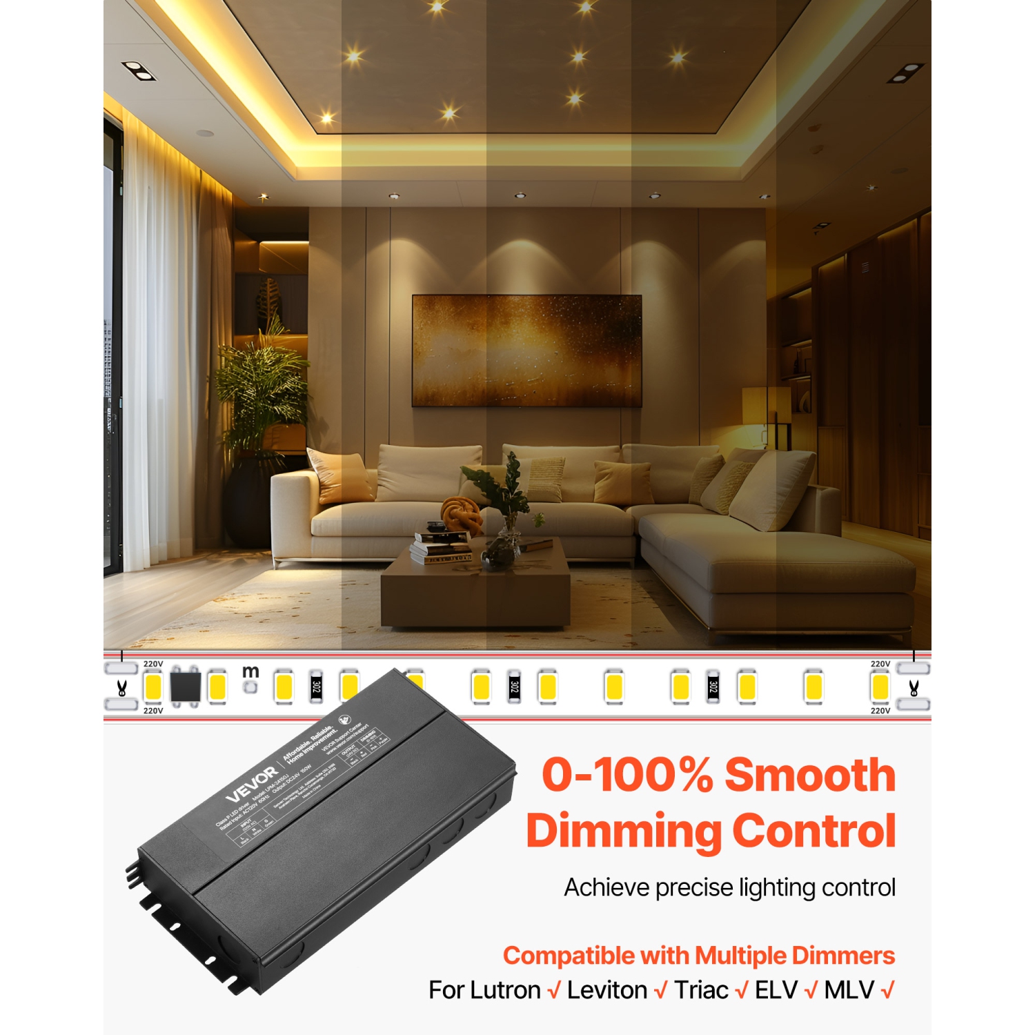 VEVOR 24V 150W Dimmable LED Driver,Triac/ELV/MLV AC to DC Power Supply Transformer for LED Strip Light, Smooth Flicker-Free Dimming,Compatible with