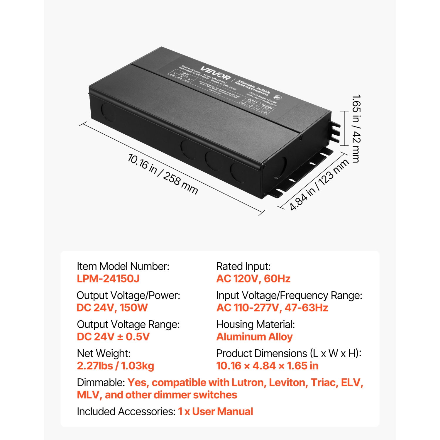 VEVOR 24V 150W Dimmable LED Driver,Triac/ELV/MLV AC to DC Power Supply Transformer for LED Strip Light, Smooth Flicker-Free Dimming,Compatible with