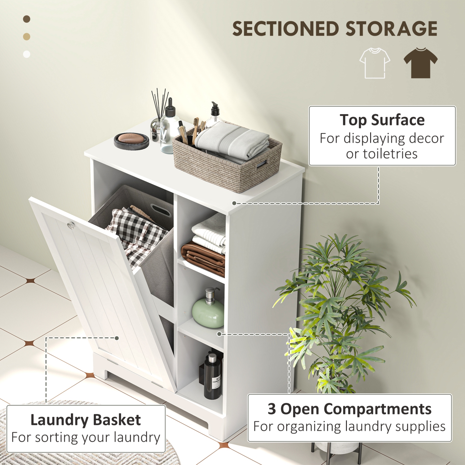 HOMCOM Laundry Cabinet with Removable Basket, Tilt Out Laundry Hamper with Adjustable Shelf and Open Compartments, Modern Bathroom Storage Cabinet,