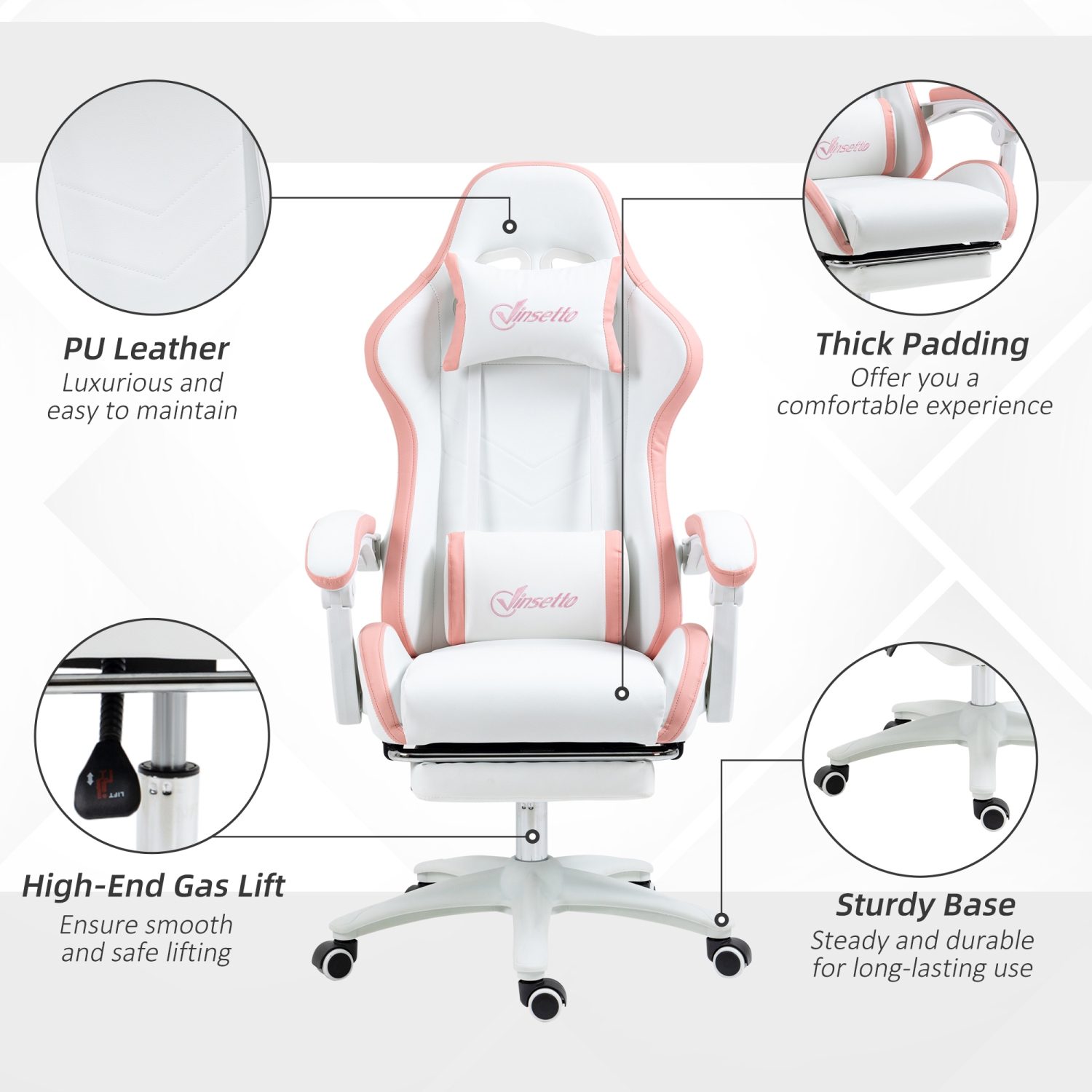 Fauteuil de jeu Vinsetto, fauteuil de bureau en similicuir en polyuréthane avec repose-pieds, roulettes pivotantes, dossier inclinable à 135°,
