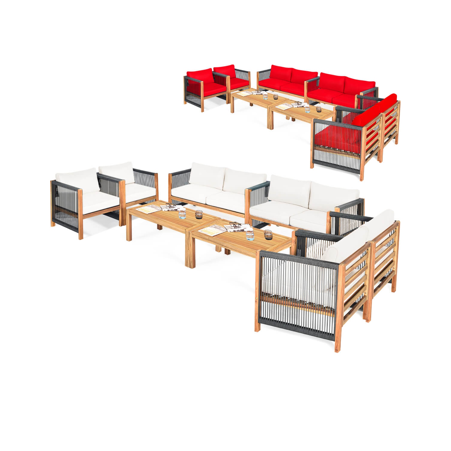 Costway 8 PCS Wood Outdoor Patio Furniture Set with Cushions White Red Cushion Cover Sets White+Red/Turquoise