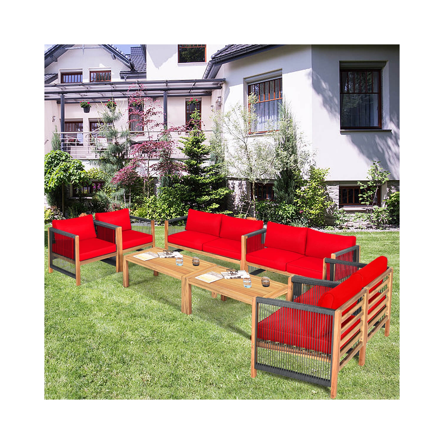 Costway 8 PCS Wood Outdoor Patio Furniture Set with Cushions White Red Cushion Cover Sets White+Red/Turquoise