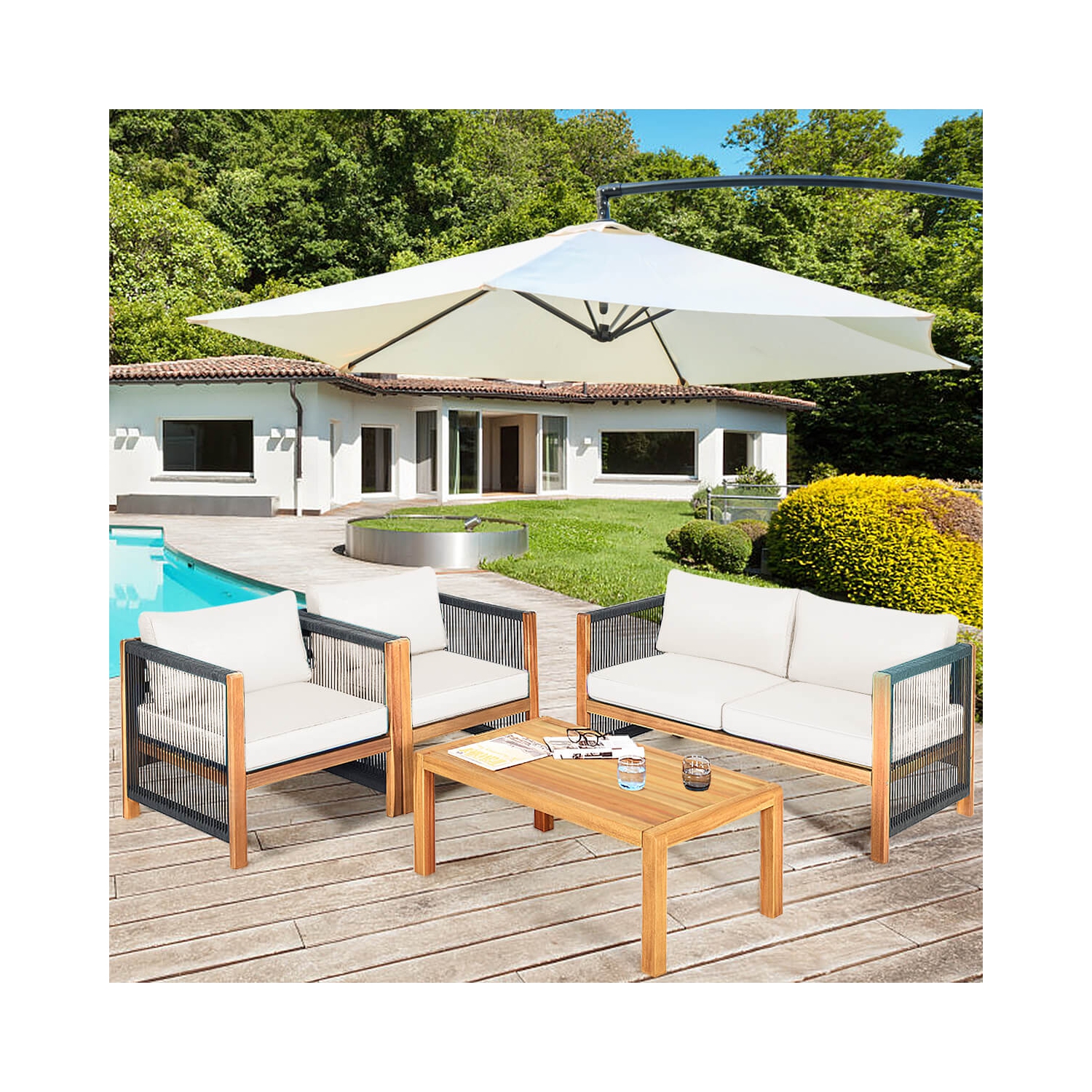 Costway 8 PCS Wood Outdoor Patio Furniture Set with Cushions White Red Cushion Cover Sets White+Red/Turquoise