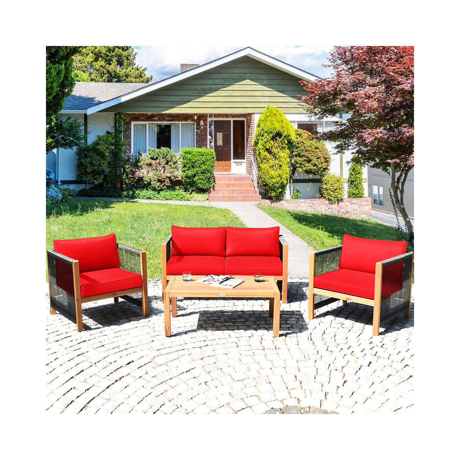Costway 8 PCS Wood Outdoor Patio Furniture Set with Cushions White Red Cushion Cover Sets White+Red/Turquoise