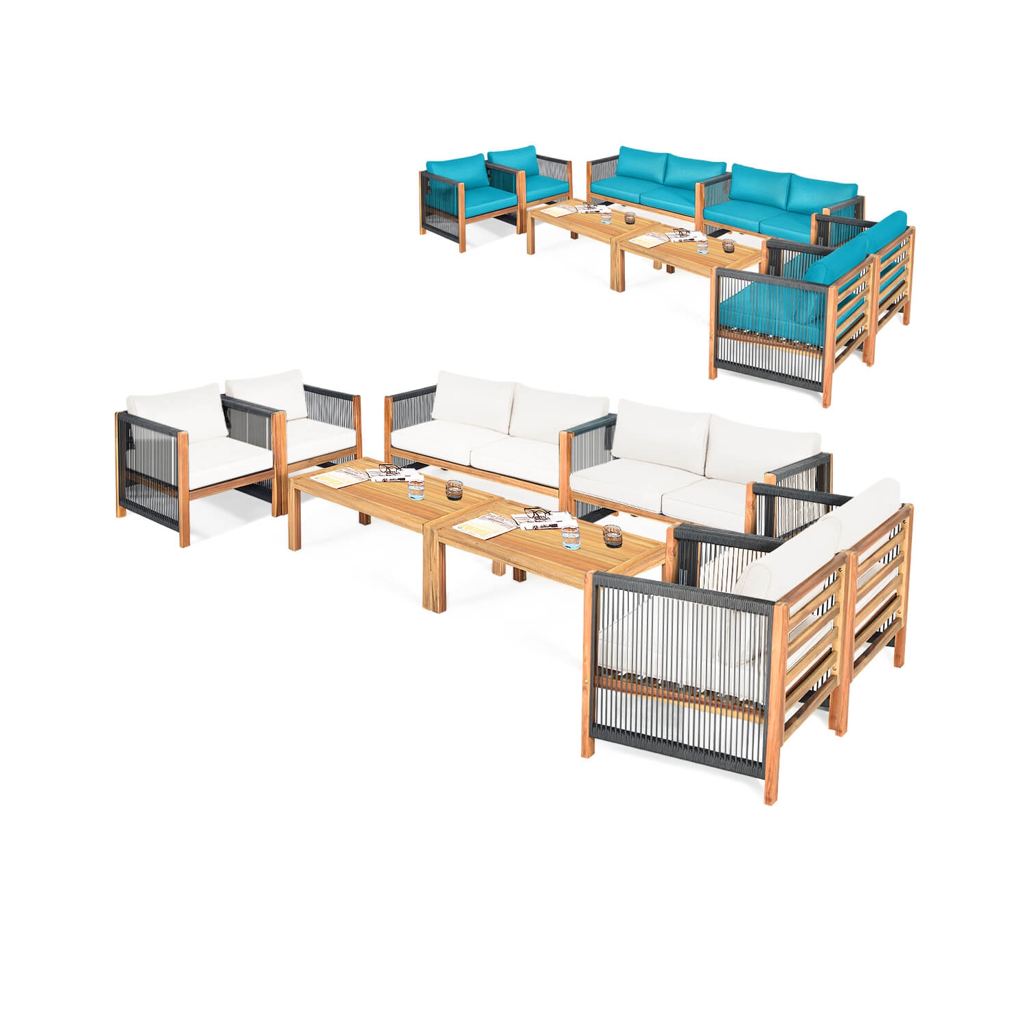 Costway 8 PCS Wood Outdoor Patio Furniture Set with Cushions White Red Cushion Cover Sets White+Red/Turquoise