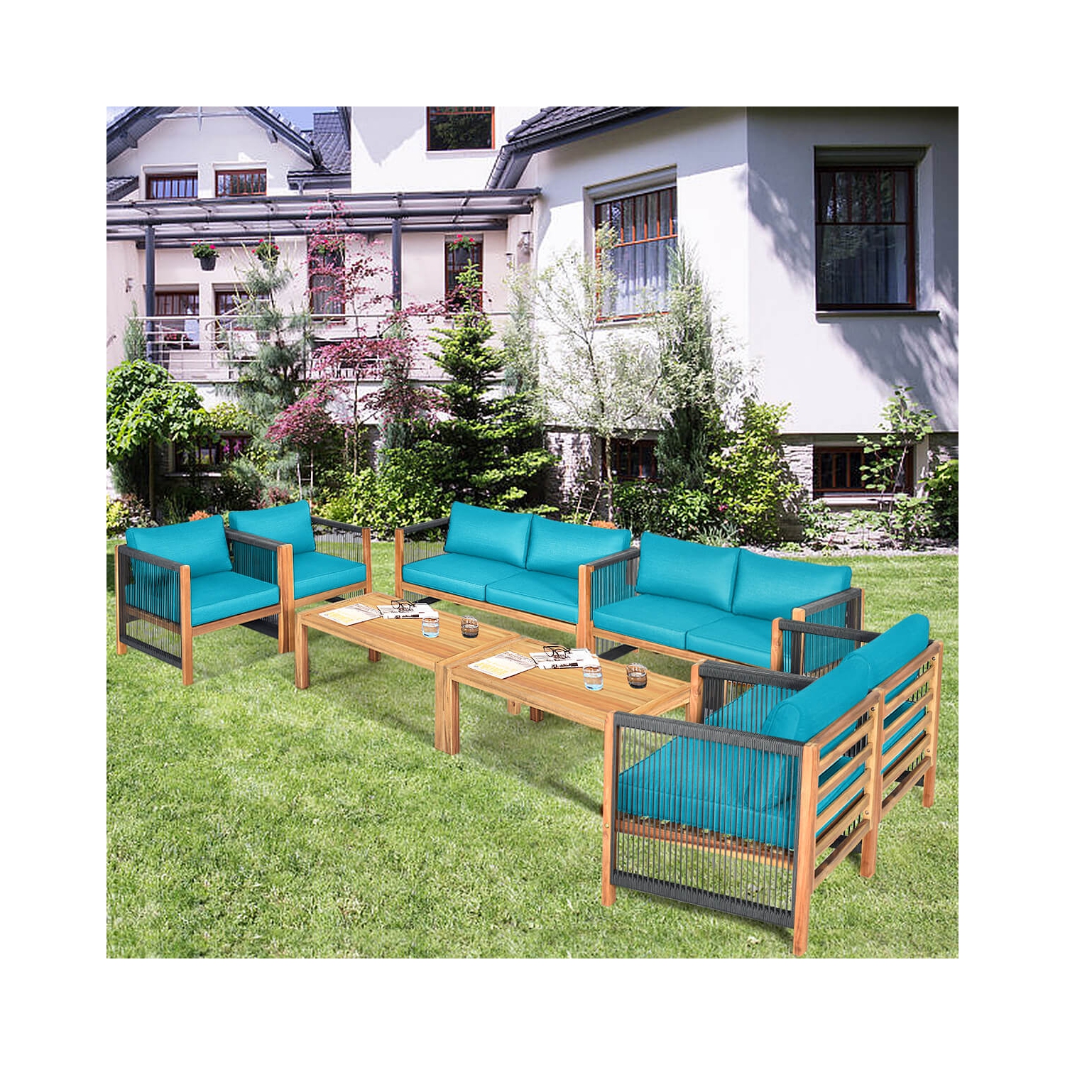 Costway 8 PCS Wood Outdoor Patio Furniture Set with Cushions White Red Cushion Cover Sets White+Red/Turquoise