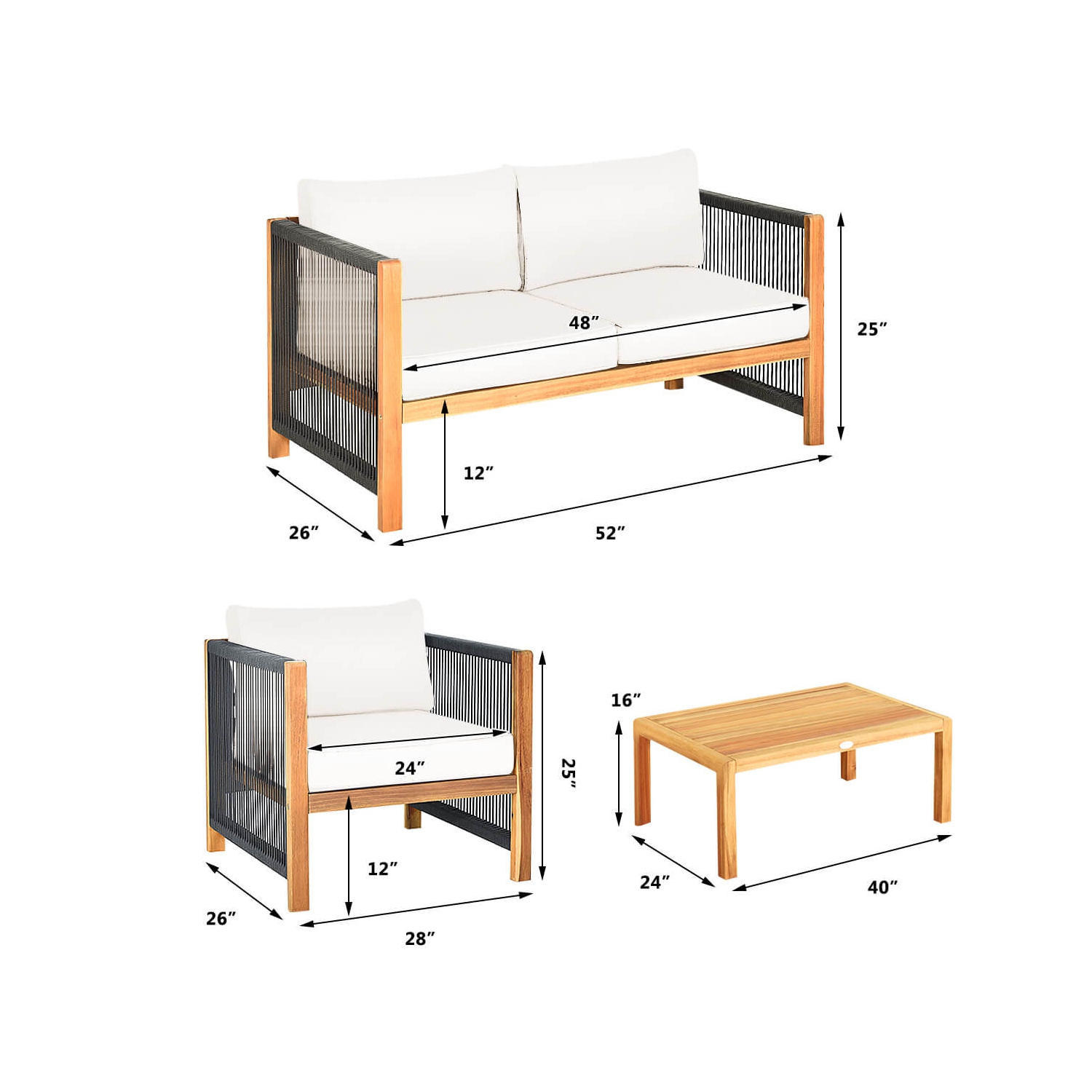 Costway 8 PCS Wood Outdoor Patio Furniture Set with Cushions White Red Cushion Cover Sets White+Red/Turquoise