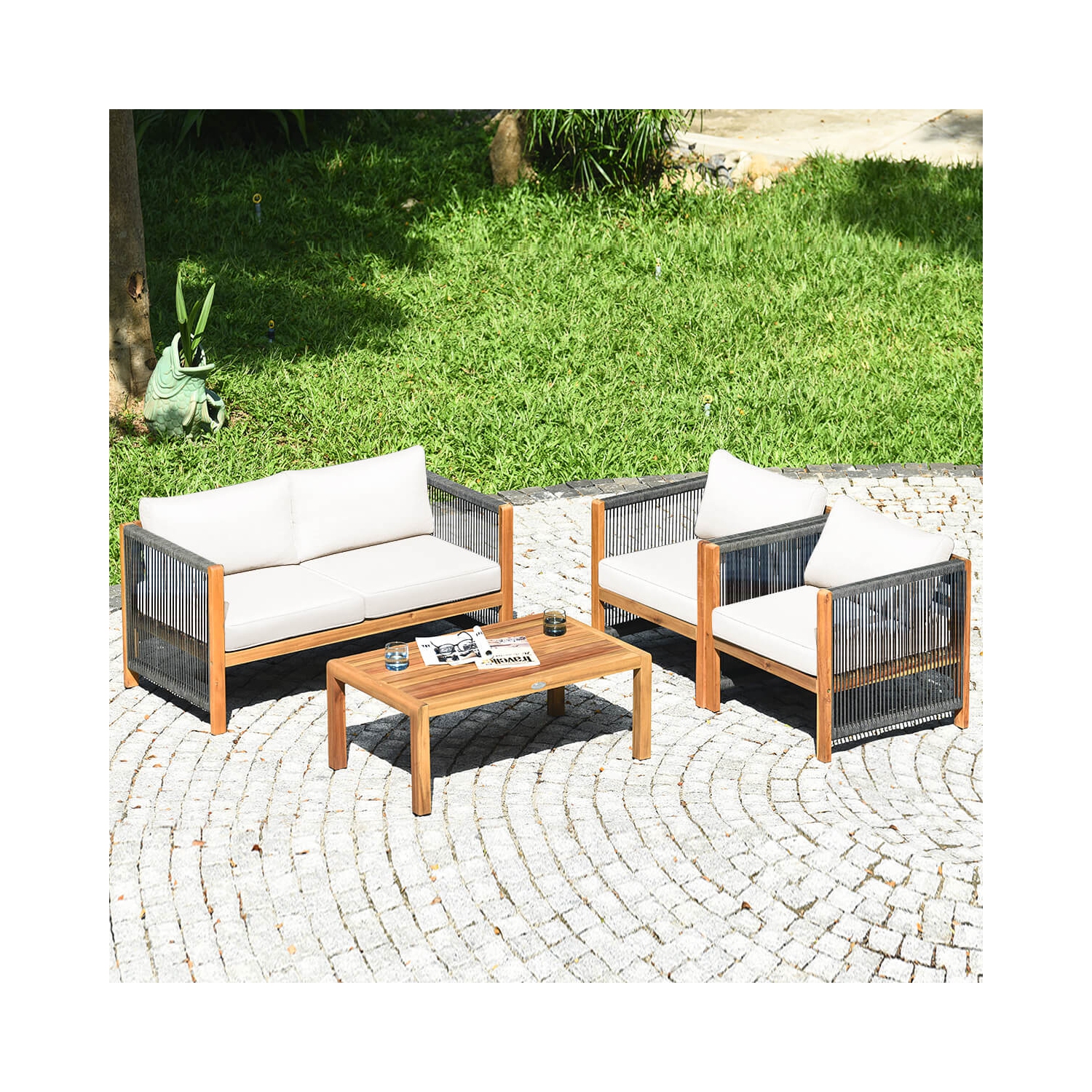 Costway 8 PCS Wood Outdoor Patio Furniture Set with Cushions White Red Cushion Cover Sets White+Red/Turquoise