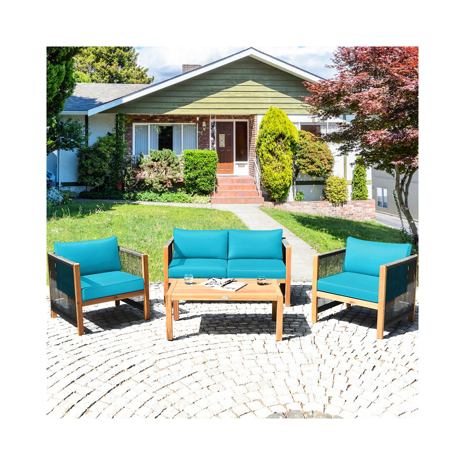 Costway 8 PCS Wood Outdoor Patio Furniture Set with Cushions White Red Cushion Cover Sets White+Red/Turquoise