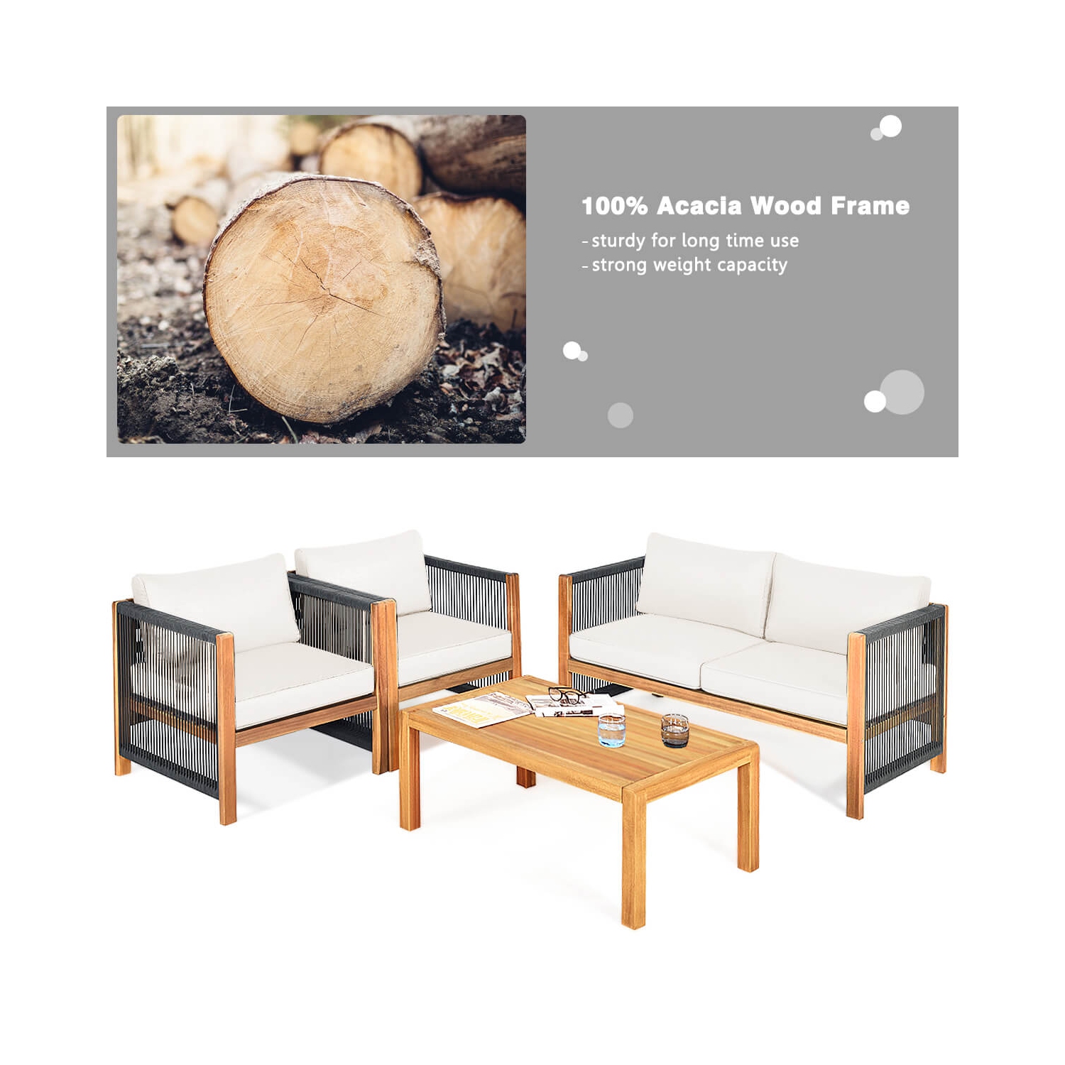 Costway 8 PCS Wood Outdoor Patio Furniture Set with Cushions White Red Cushion Cover Sets White+Red/Turquoise