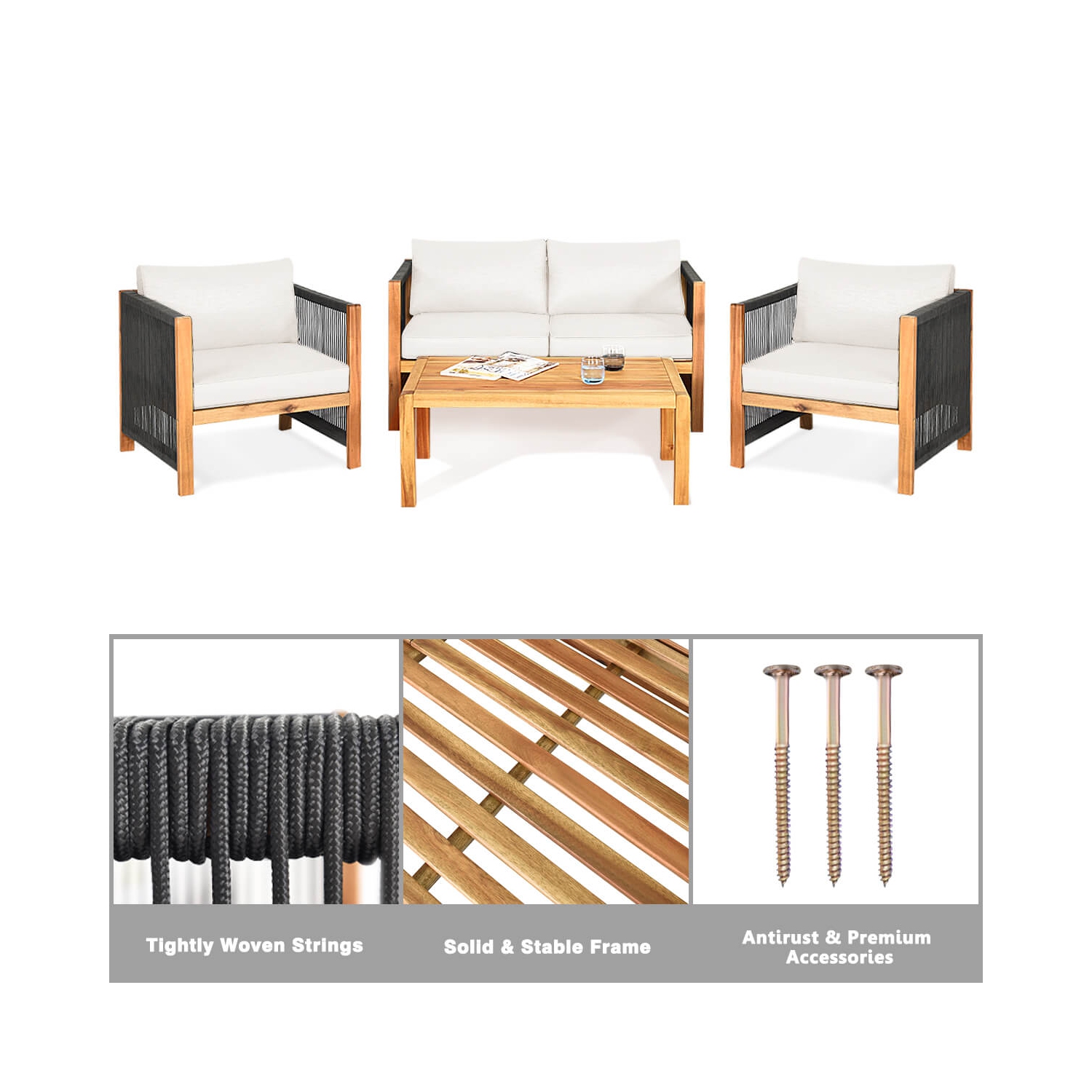 Costway 8 PCS Wood Outdoor Patio Furniture Set with Cushions White Red Cushion Cover Sets White+Red/Turquoise