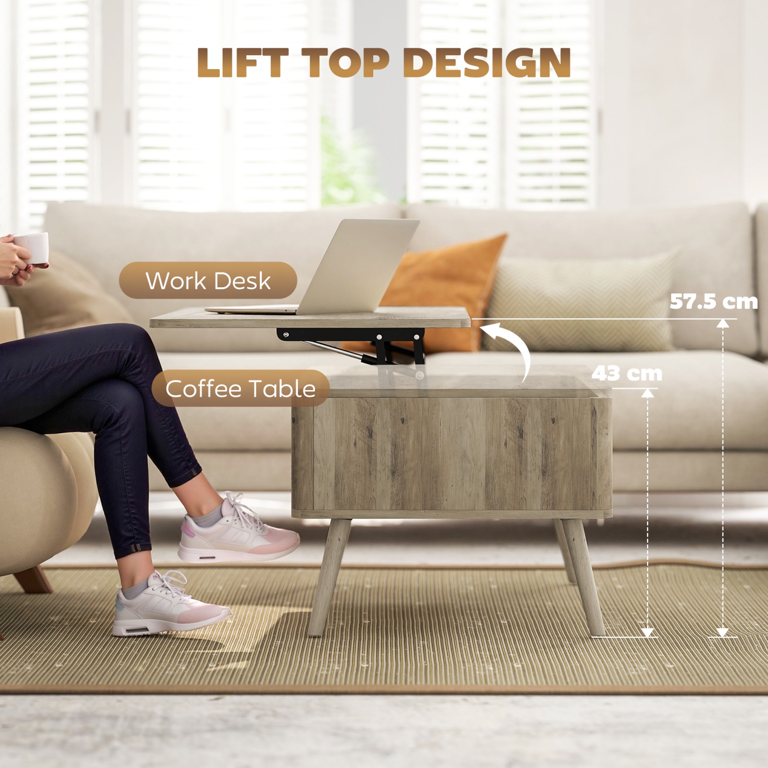 HOMCOM – Table basse à dessus relevable avec rangement, table centrale rectangulaire moderne avec compartiments dissimulés et pattes en pin pour