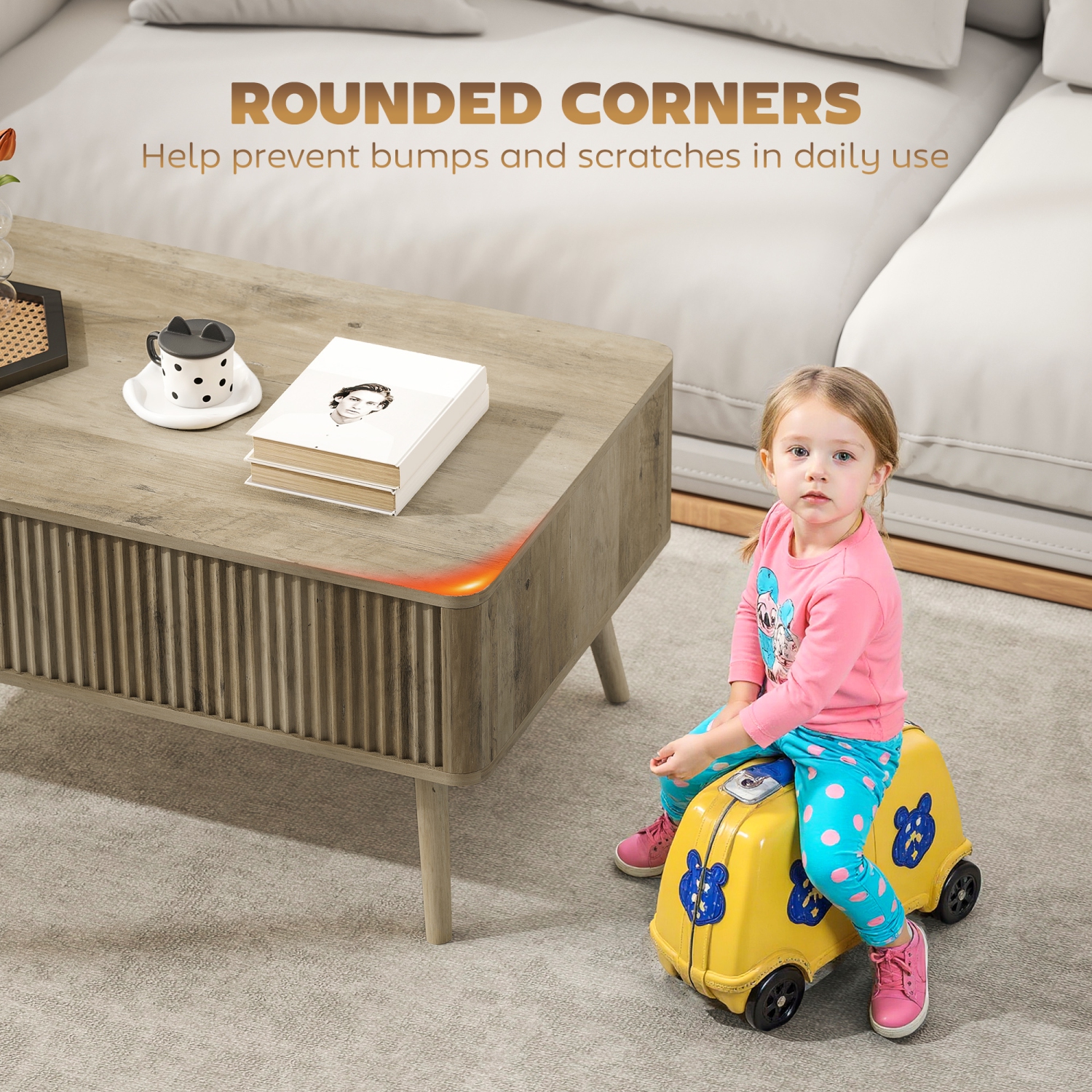 HOMCOM – Table basse à dessus relevable avec rangement, table centrale rectangulaire moderne avec compartiments dissimulés et pattes en pin pour