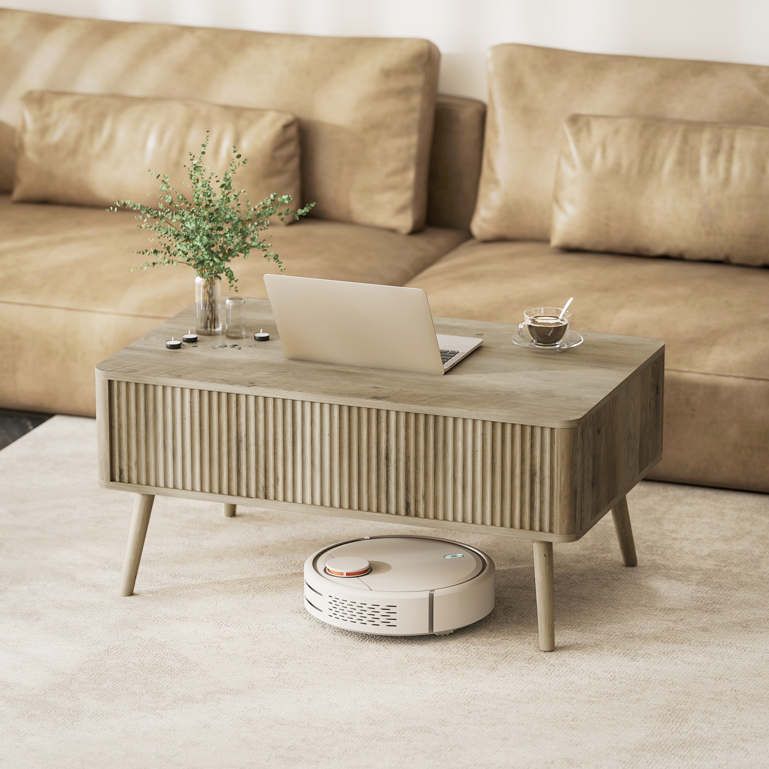 HOMCOM – Table basse à dessus relevable avec rangement, table centrale rectangulaire moderne avec compartiments dissimulés et pattes en pin pour